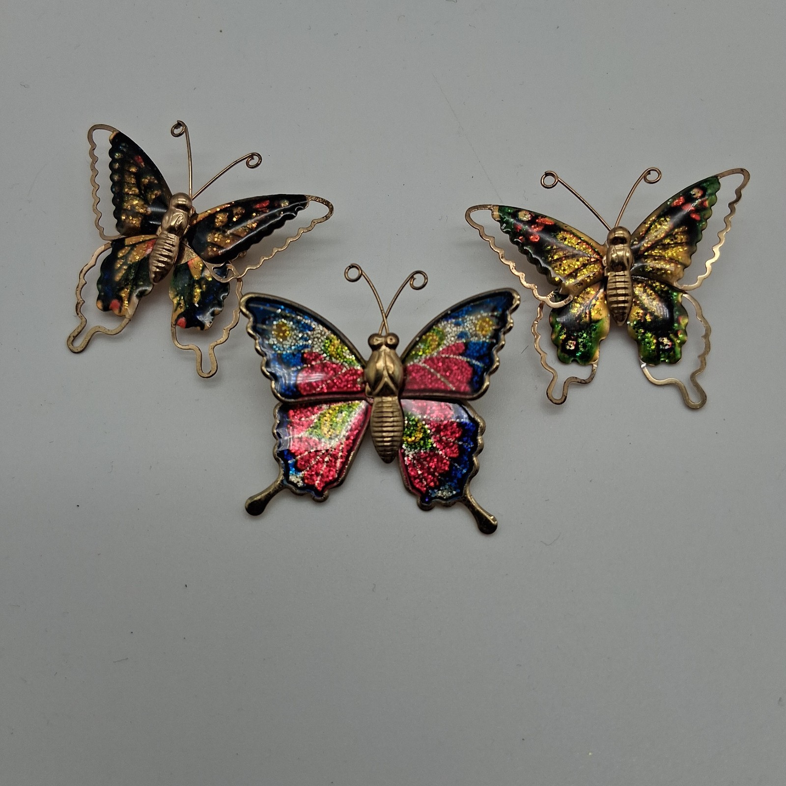 Three Vintage Metal And Enamel Butterfly Brooches, Taiwan