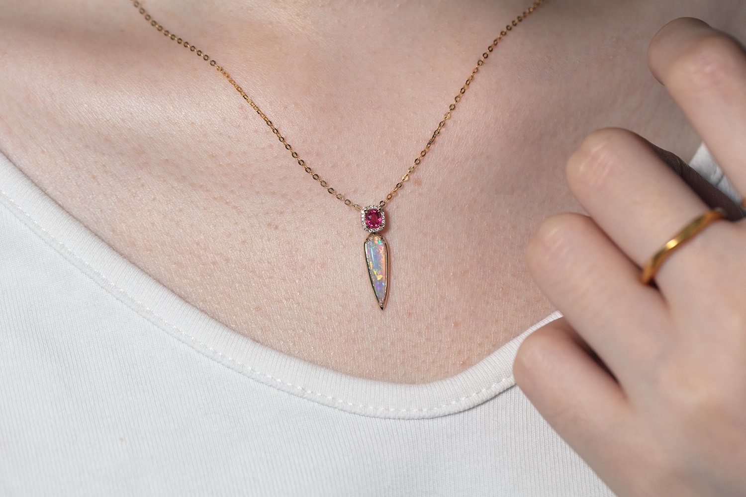 Pink Spinel & Australian Solid Opal Diamond Necklace in 14K Gold