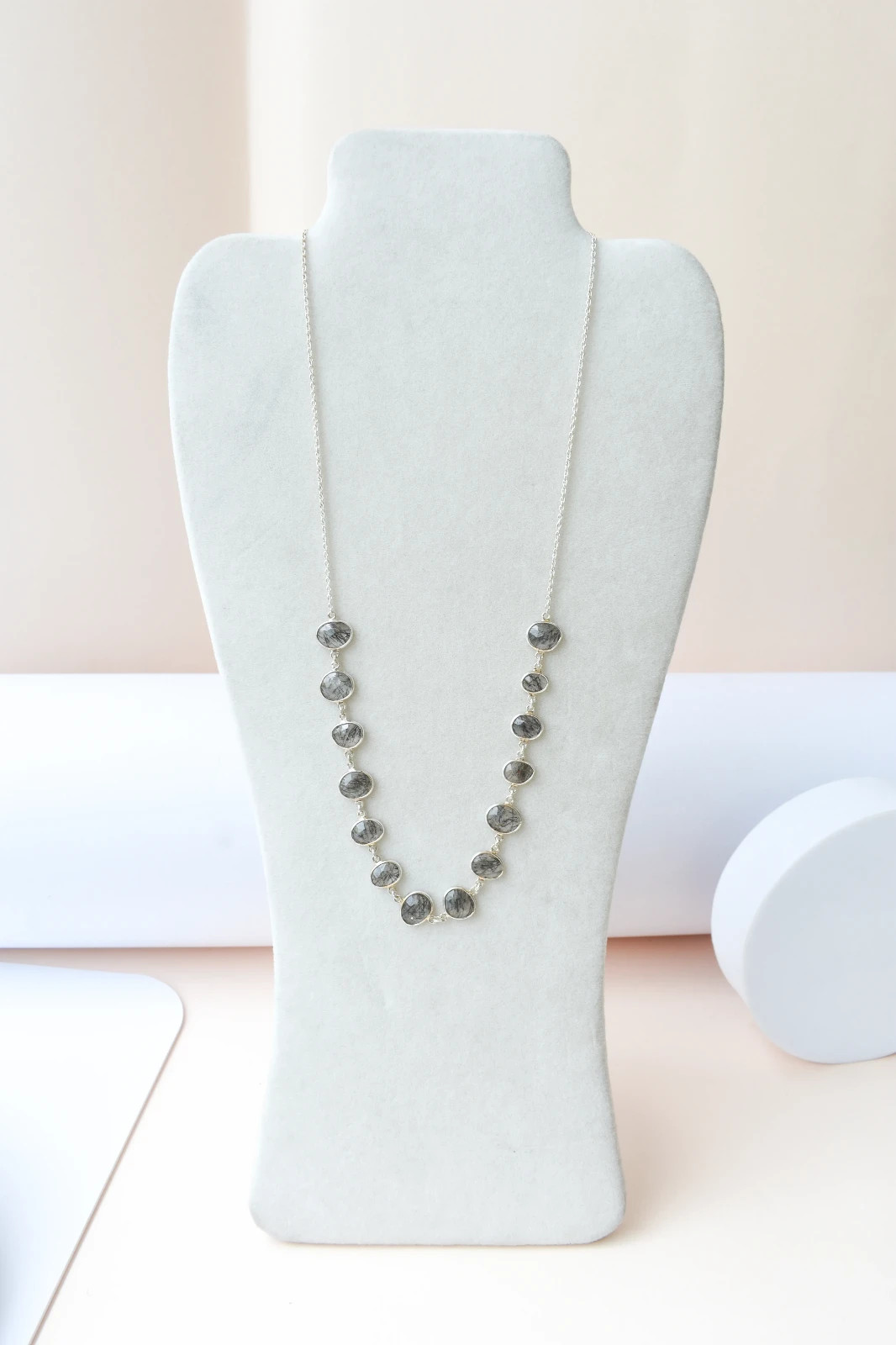 IGS Certified Black Rutilated Quartz Station Necklace, 925 Sterling Silver, Tour