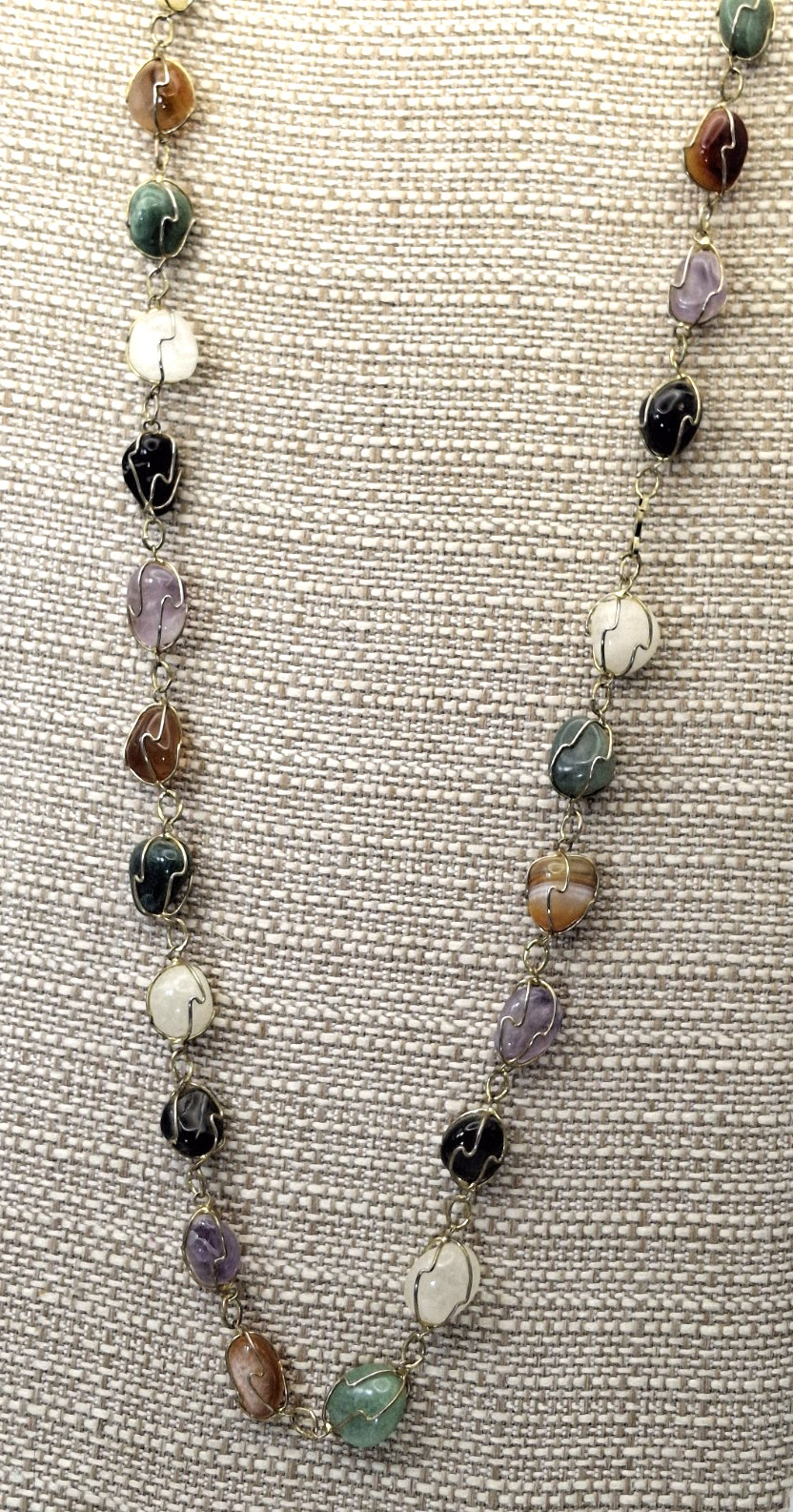 Vintage Necklace Wire Wrapped Natural Semi-Precious Caged Stones Naturecore 26″