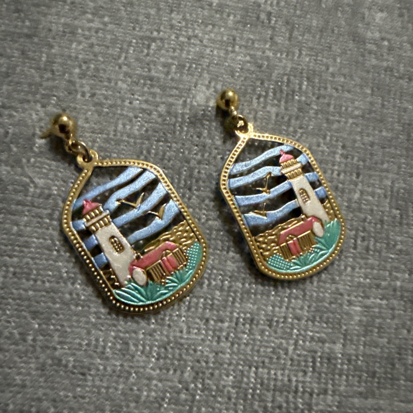 VTG Light shine Sea Gems Lighthouse Scene Earrings Dangle gold Plate Handpainted