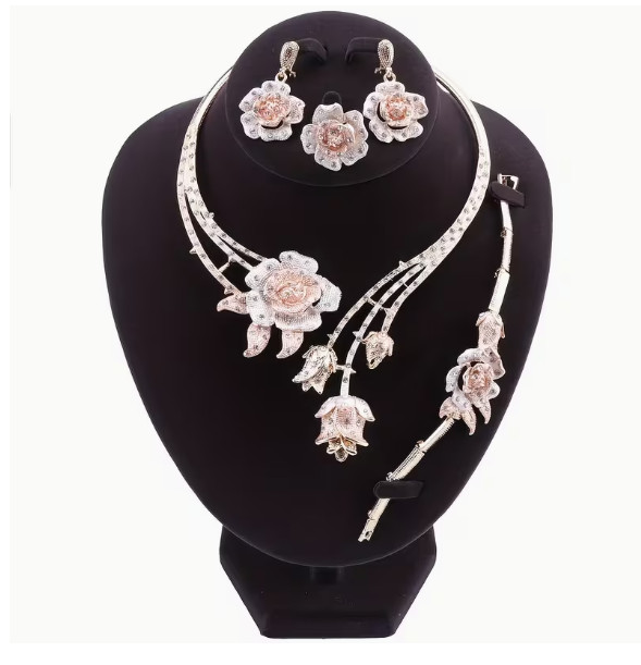 JEWELRY SET-5Pcs Classic Luxury Rhinestone Flower Shape Necklace Set