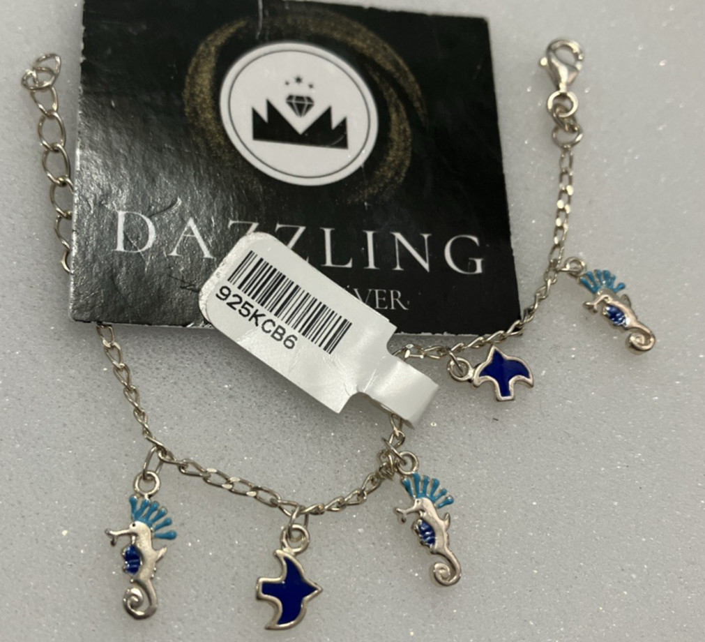 925 Sterling Silver Girl 5 Charms Bracelet Seahorse 3.2grams 5” To 6” New w/Tag