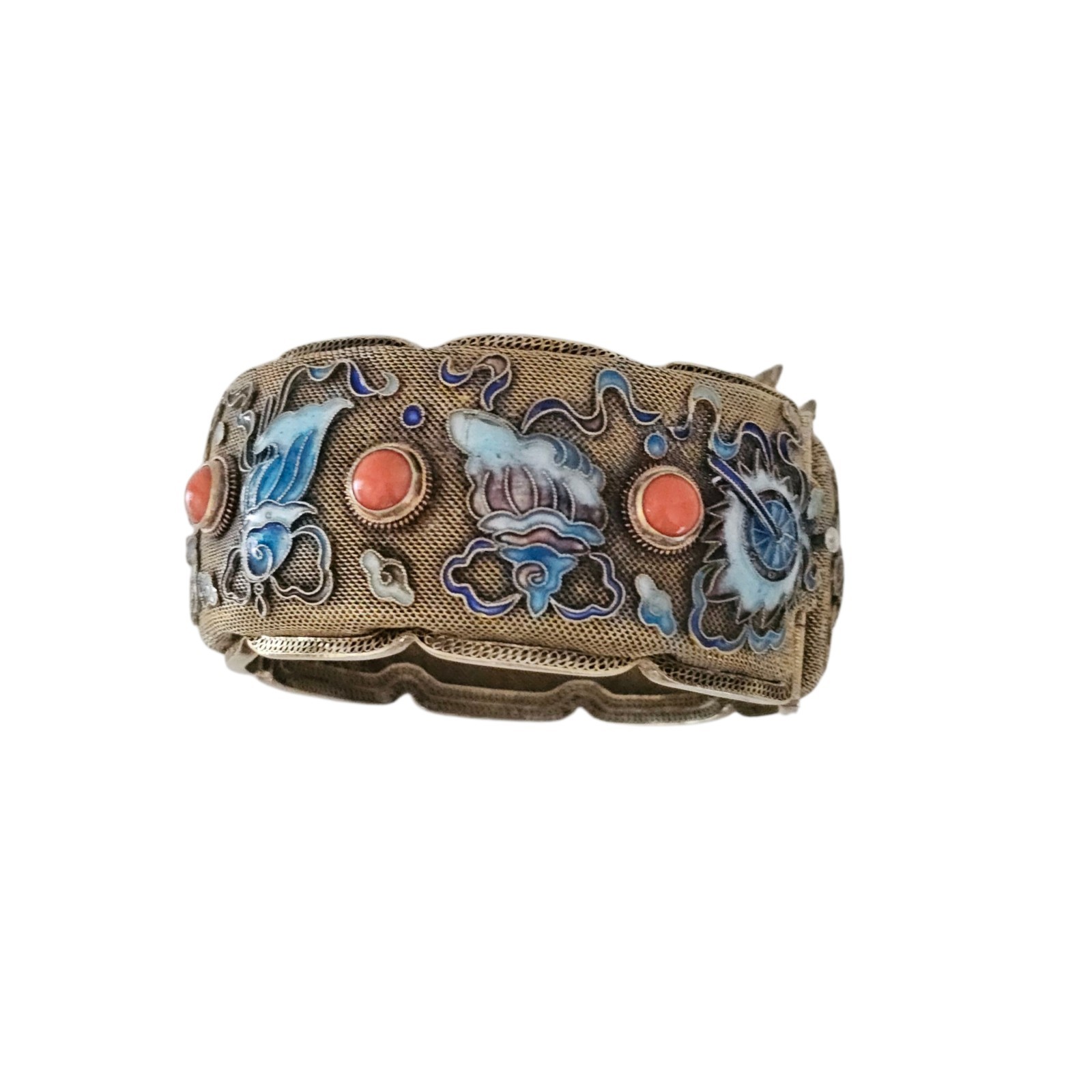 Vintage Chinese Export Bracelet Enamel Gilded Silver Mesh Filigree Coral