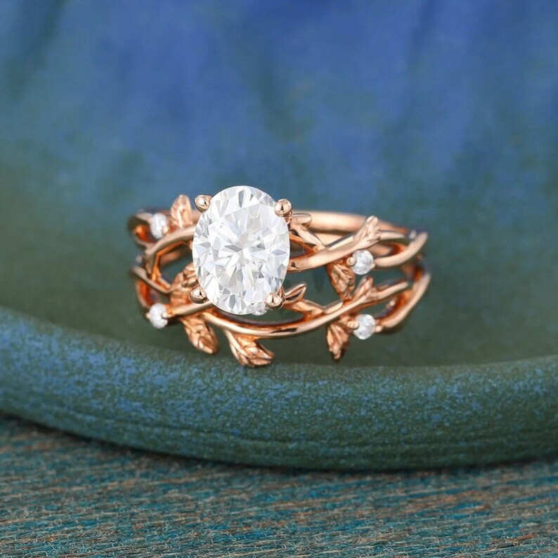 Floral 1.3Ct Oval Cut CZ-Stone Twig Wedding Bridal Ring & Band Set In 925 Silver