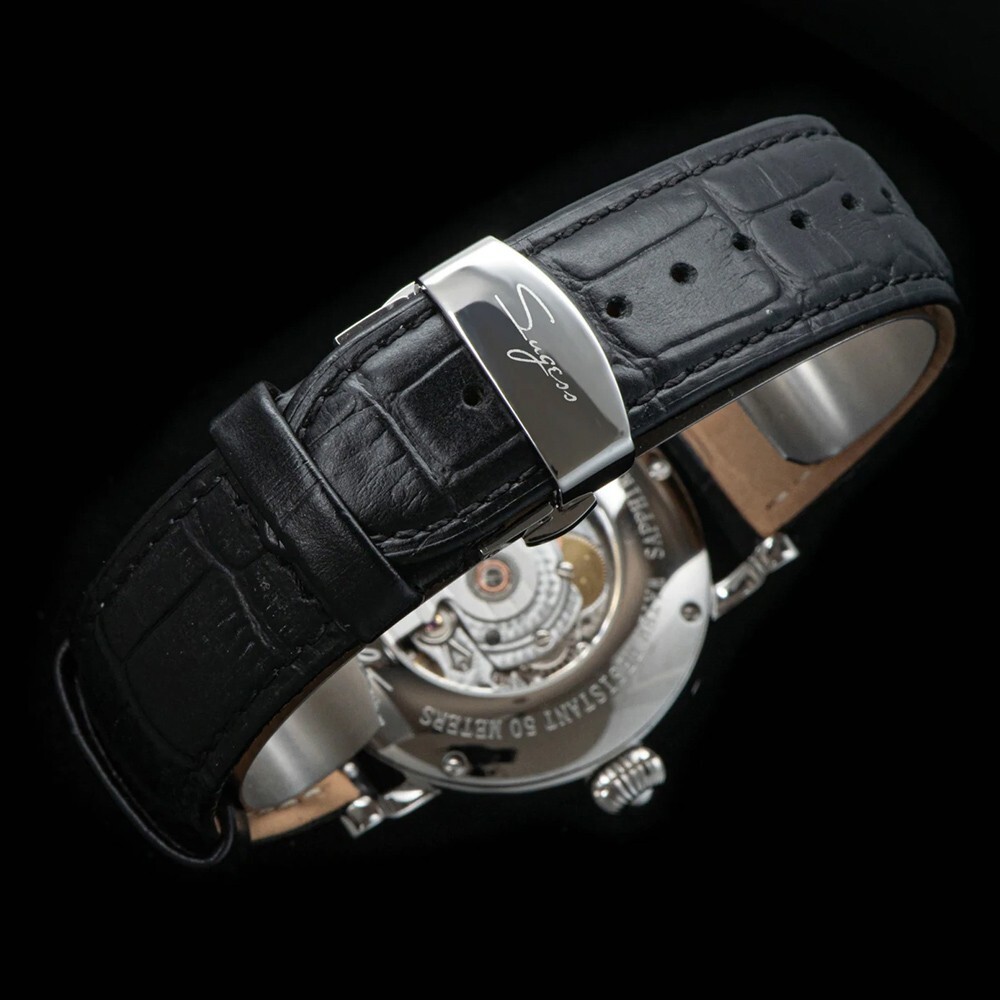 Sugess Moonphase Mechanical Steel Leather Black White Sapphire Men’s Watch