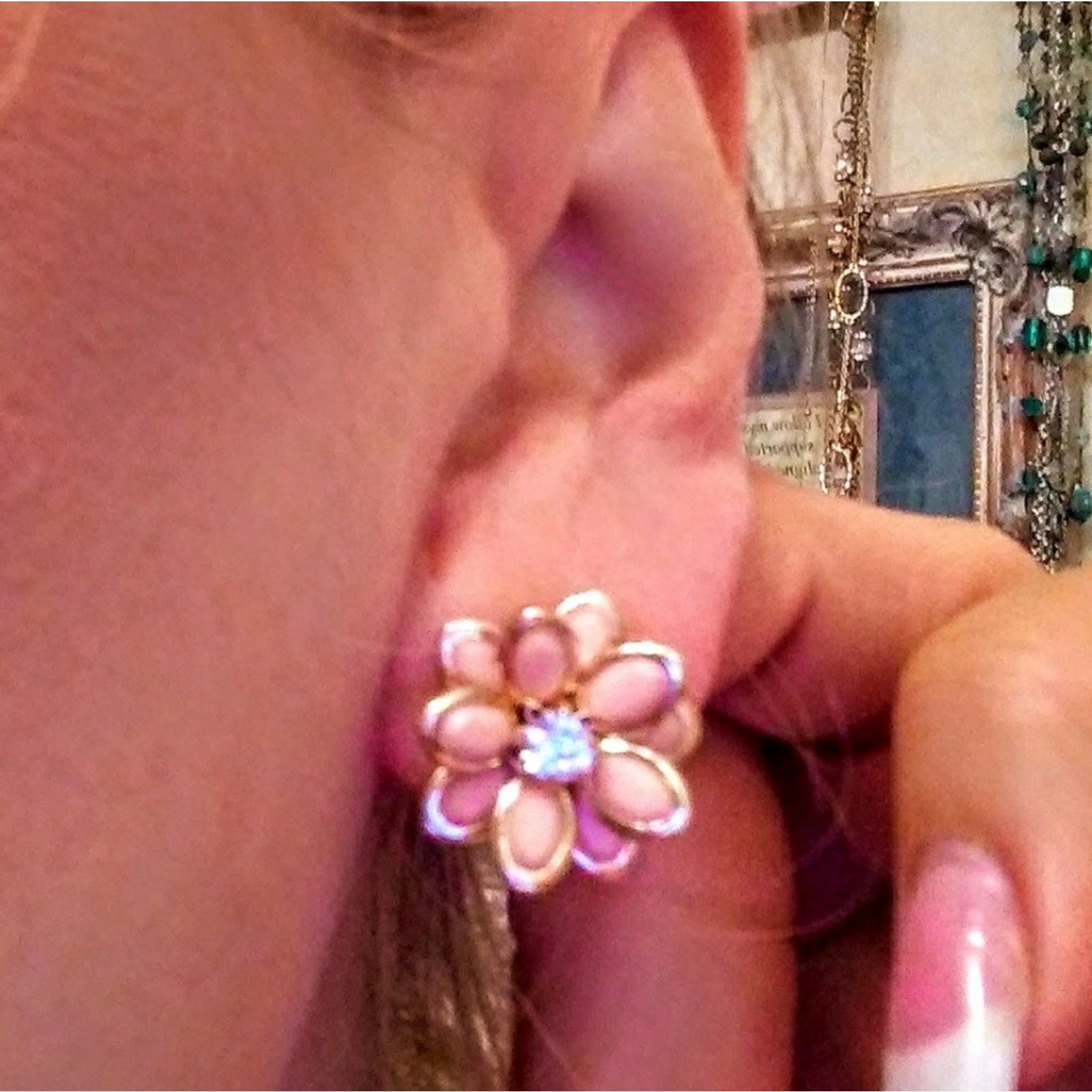 Camelia Flower Blossom Earrings Peach color Simulated Diamonds Fairygoth Wedding