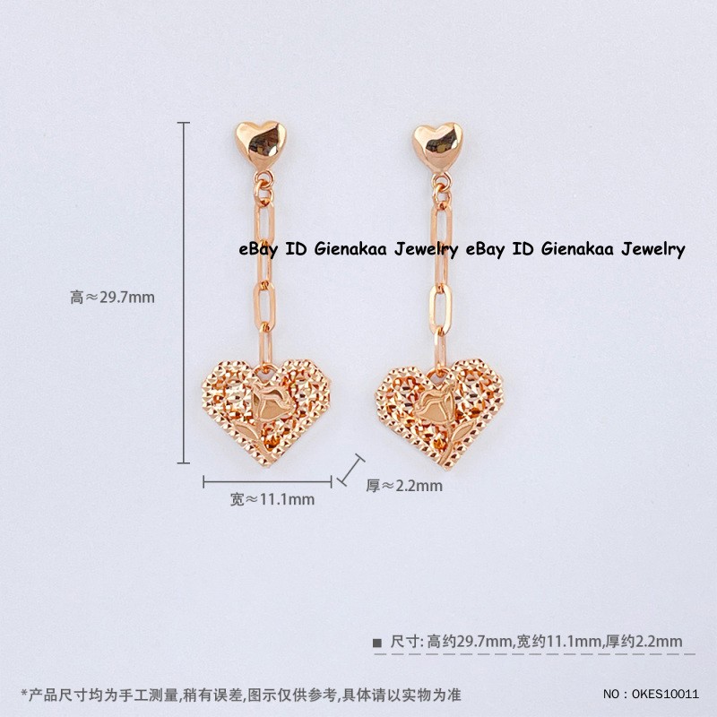 Real Au750 Pure 18K Rose Gold Lucky Carved Shiny Heart Dangle Earrings 2.2-2.3g