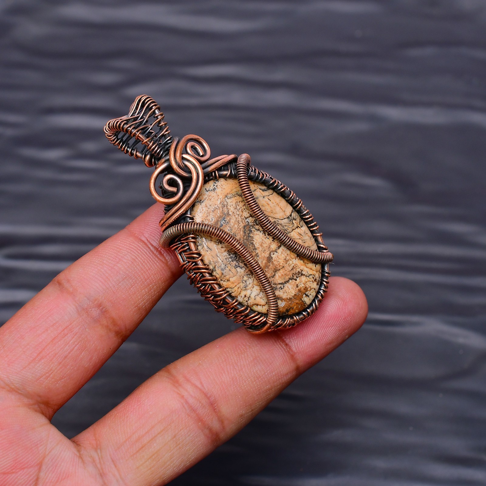 Picture Jasper Gemstone copper wire wrapped Handmade pendant Jewelry 2.16″