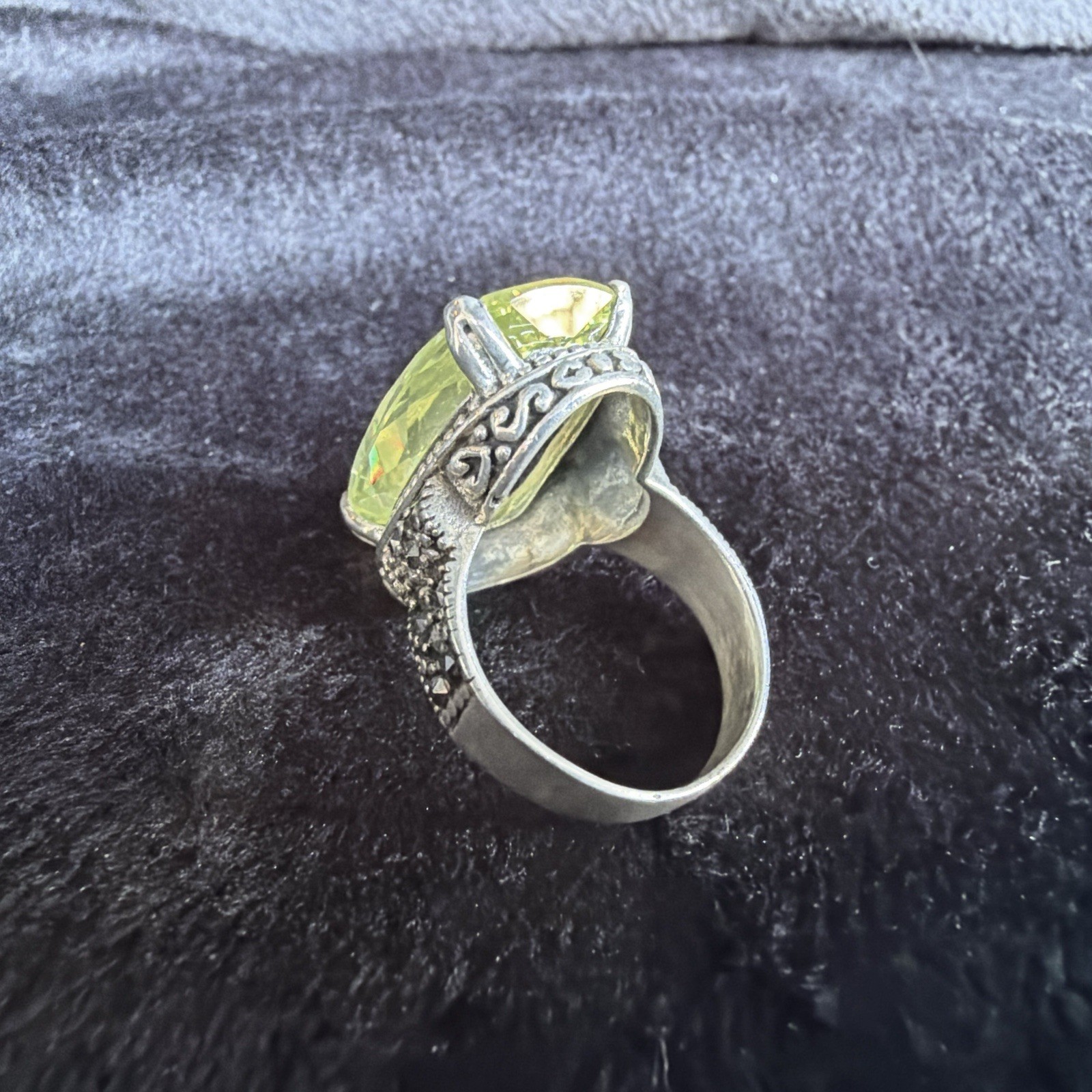 Vtg Sterling Silver Ring .925 Sz 7.5 Marquis PALE Yellow Stone Cocktail Coquette