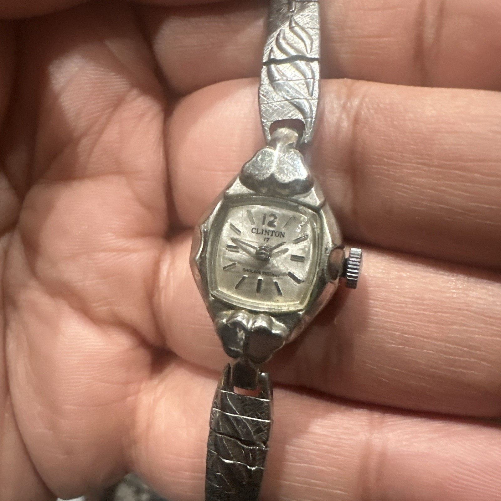 Vintage Clinton Ladies Watch, 17 Jewels Rare 16.6mm Silver Band For Repair