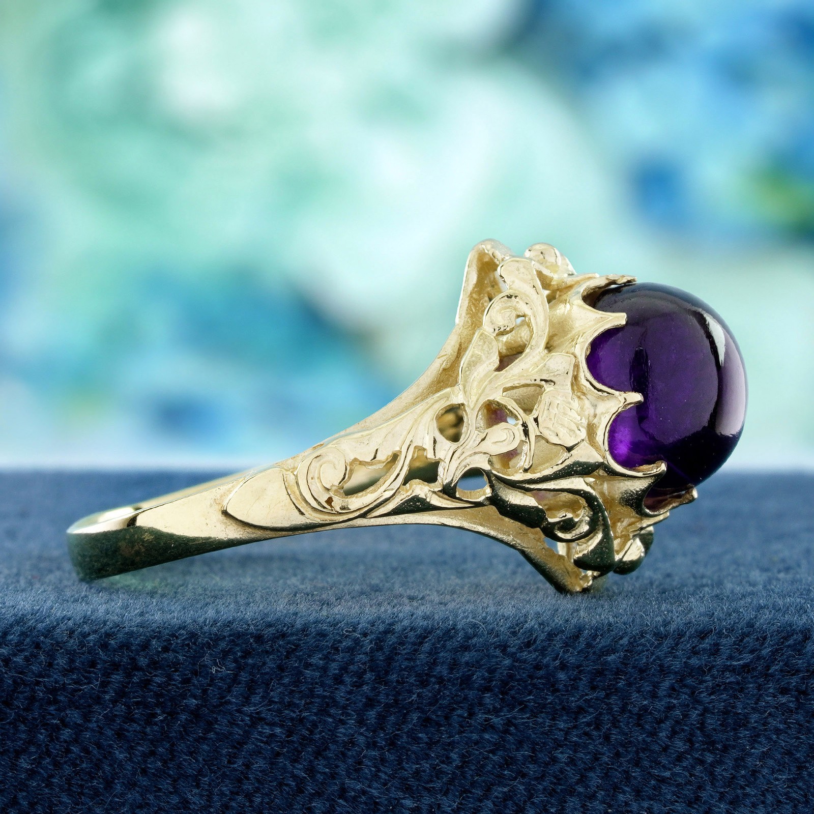 9K Yellow Gold Solid Natural Cabochon Amethyst Vintage Style Filigree Ring