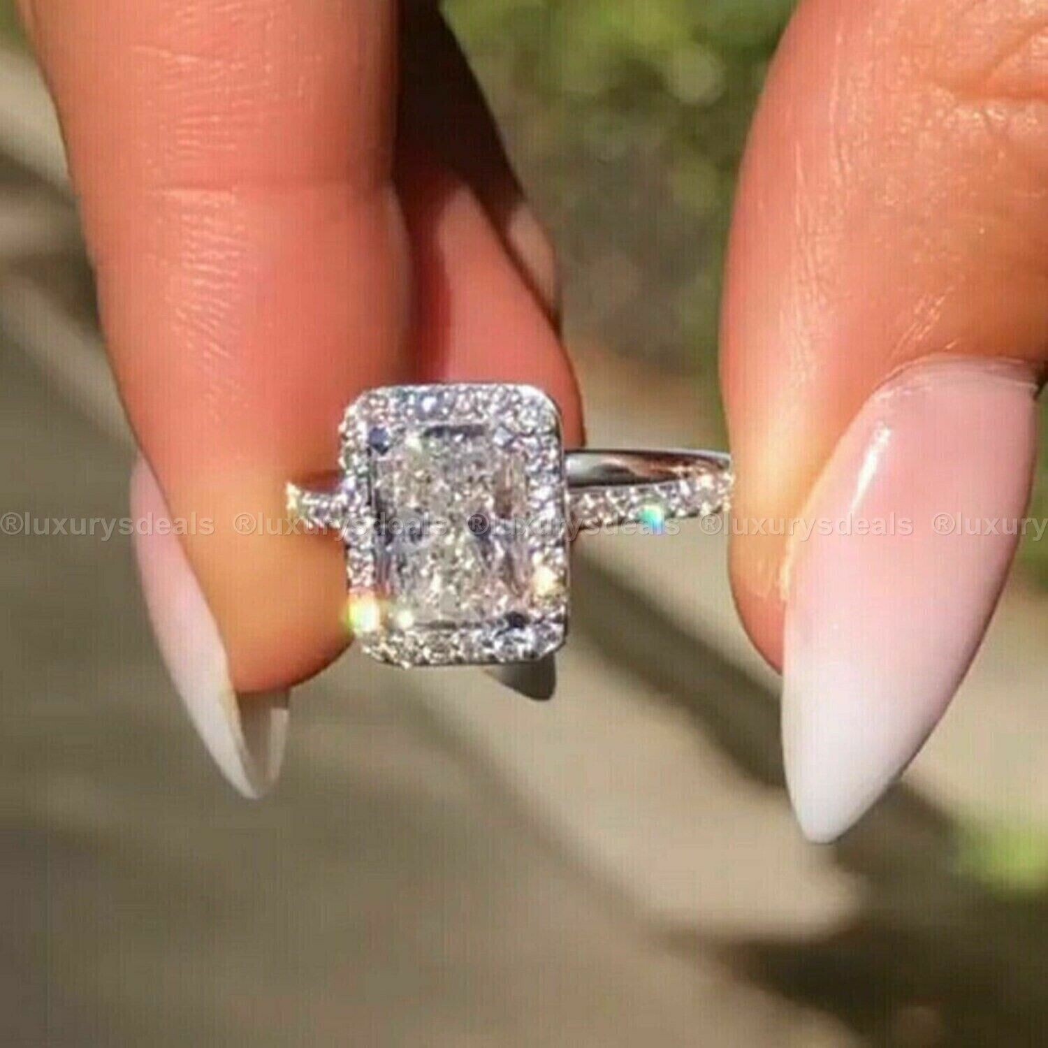3.20 CT Radiant Cut Lab-Created Diamond Halo Wedding Ring 14K White Gold Plated