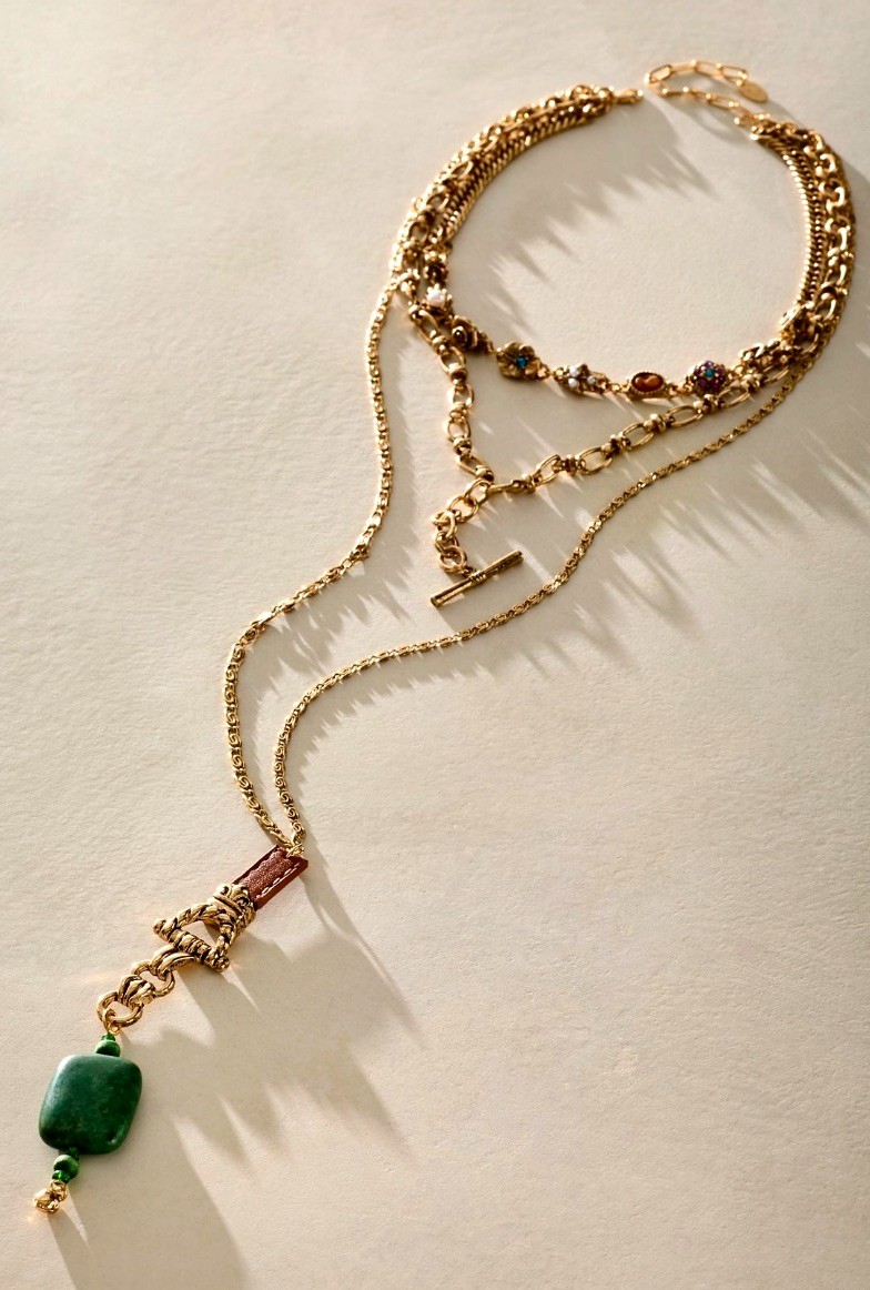 Free People Winlet Layer Necklace Gold Tone Mixed Long 3 Layers Green Stone NWT