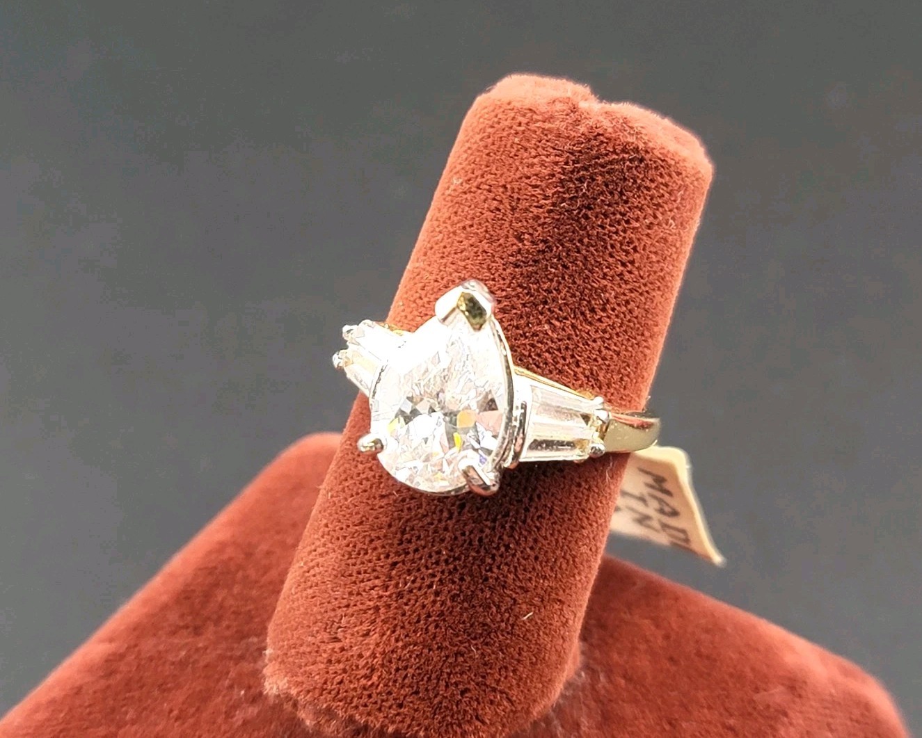 Vtg Sz 9 Ring Lg Teardrop Pear 4 Baguette Cubic Zirconia 18KGE Designer Jewelry