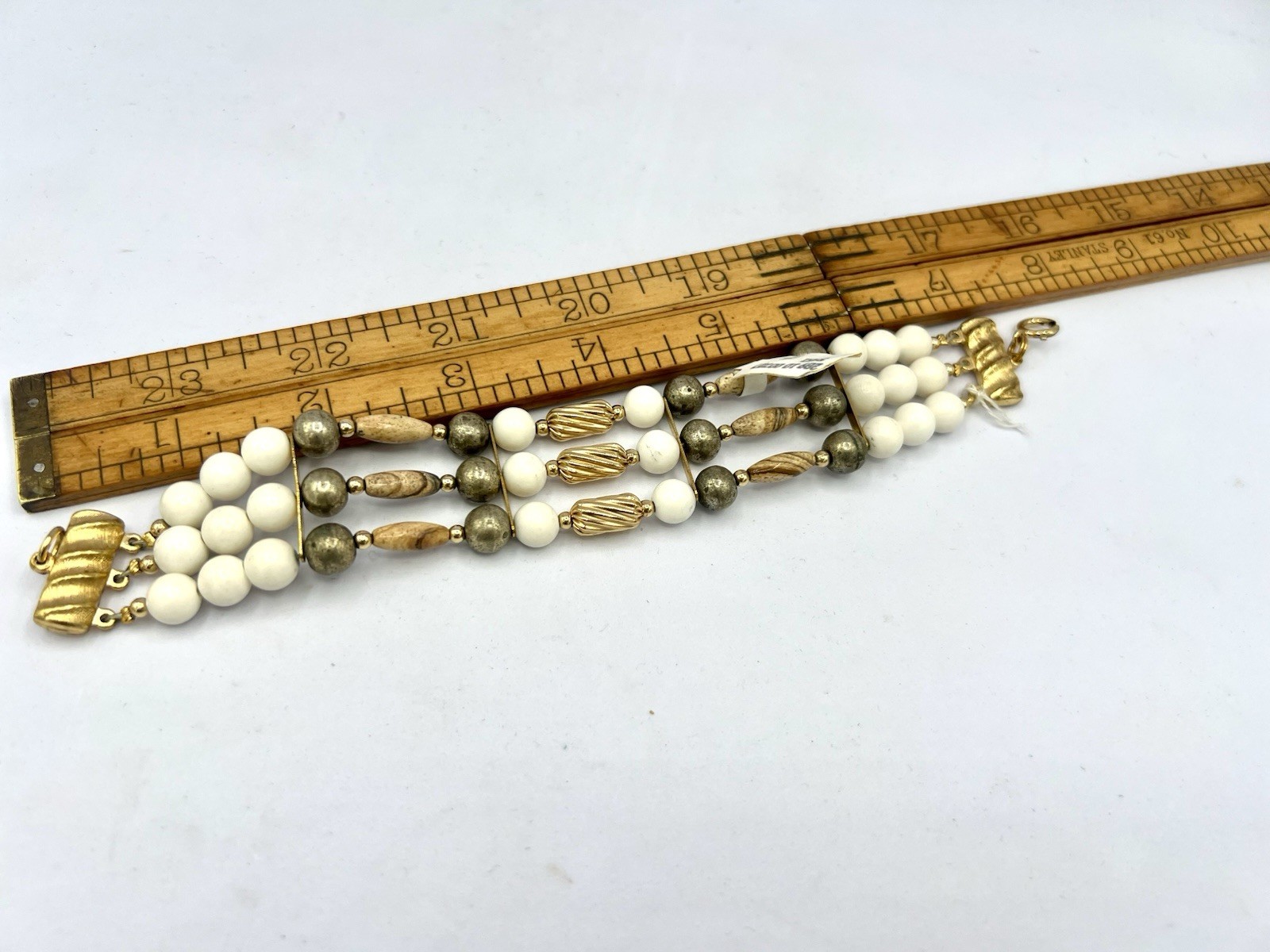 Vintage Silver Gold Ivory Brown Tan Gemstone Bead Wide Bracelet RO-DO NOS JD
