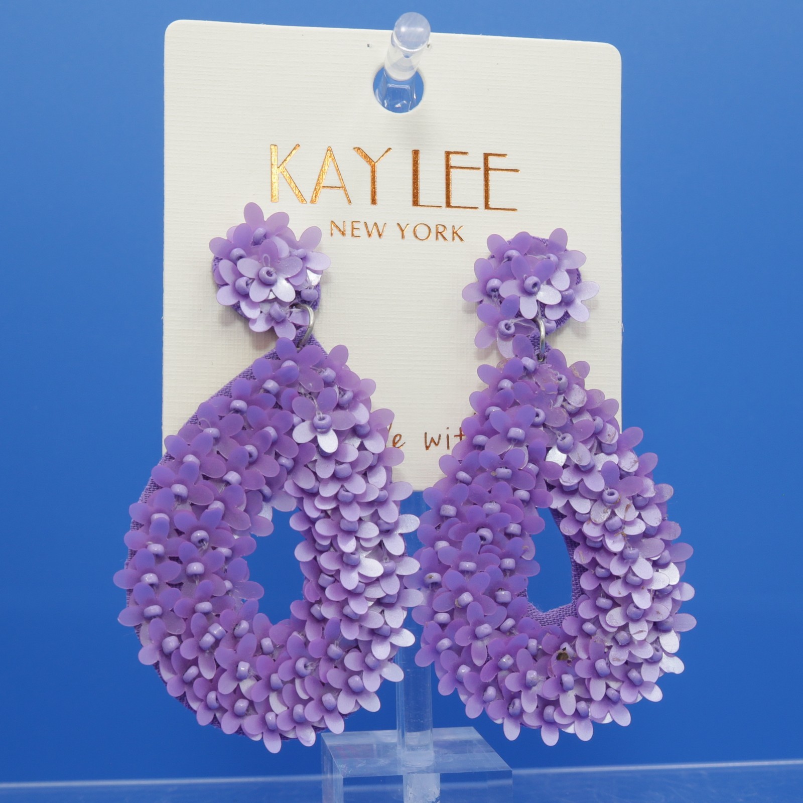 KAY LEE NEW YORK Purple Sequin Teardrop Dangle Fashion Earrings Post Back