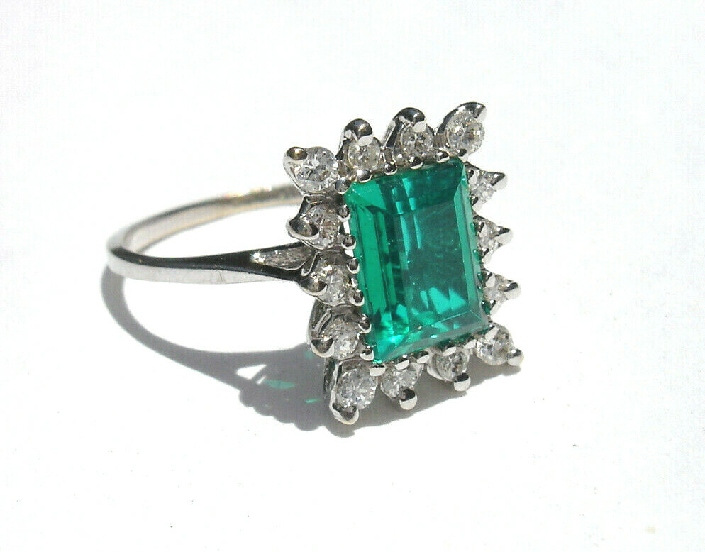 (1.51 Carat) EMERALD (.42 ctw) Diamond RING 14K white GOLD (Chatham lab created)