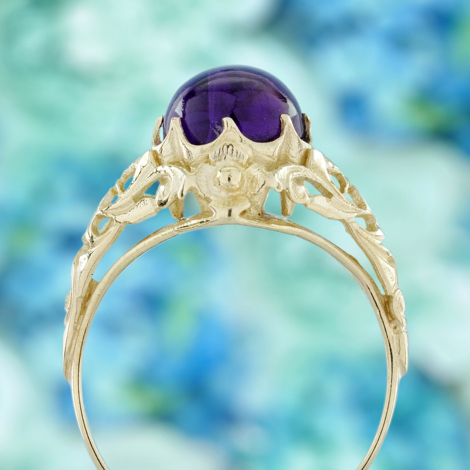 9K Yellow Gold Solid Natural Cabochon Amethyst Vintage Style Filigree Ring