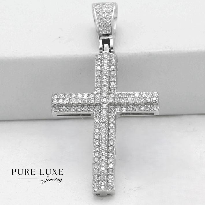 DG Men’s 925 Sterling Silver 40mm Cross Bling Cubic Zirconia.Charm.Unisex,,Box