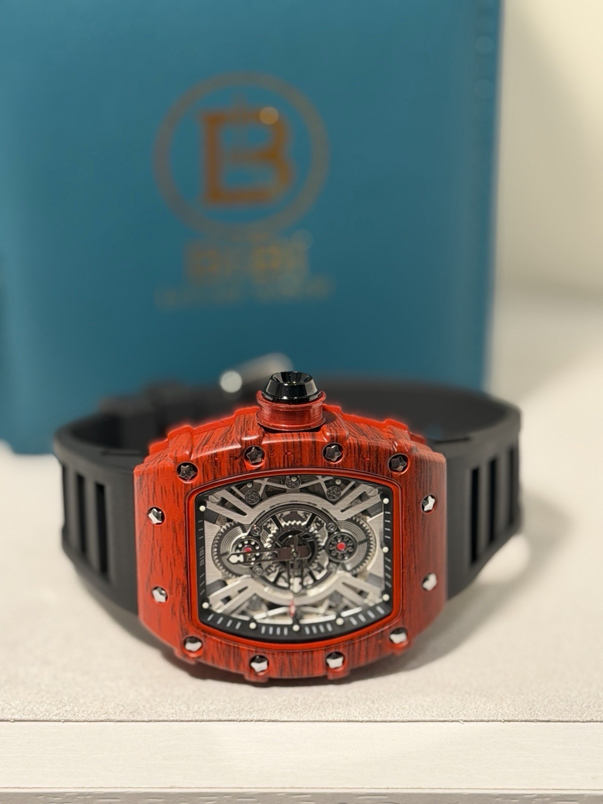 BIBI Luxury Watch Red Tonneau Case Skeleton Mechanical Style Men’s! SHARP! NEW!!