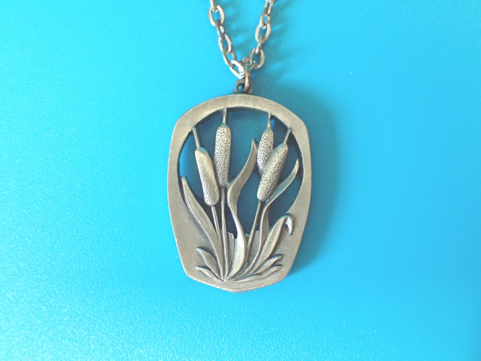 Vintage Pewter Cattail Pendant Necklace