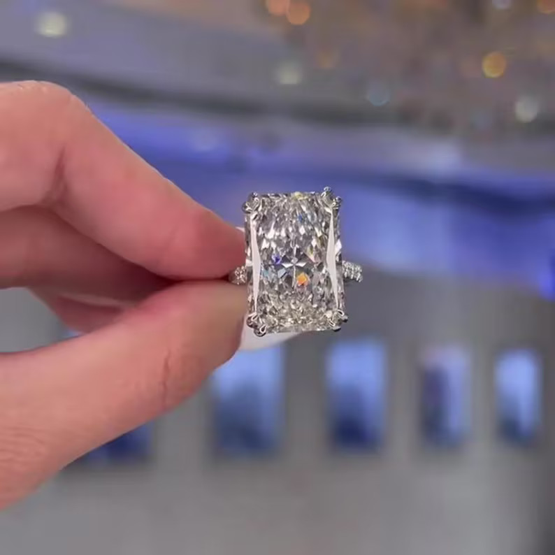 7.50Ct Radiant-Cut Lab Grown Diamond Accent Stone Engagement Ring 14K White Gold