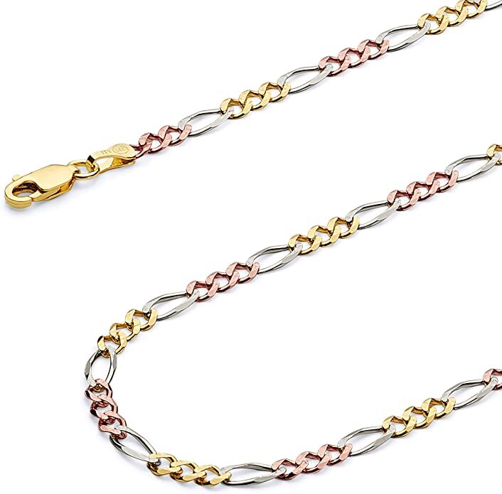14k Gold 5mm Tri-color Figaro Chain 20 Inches