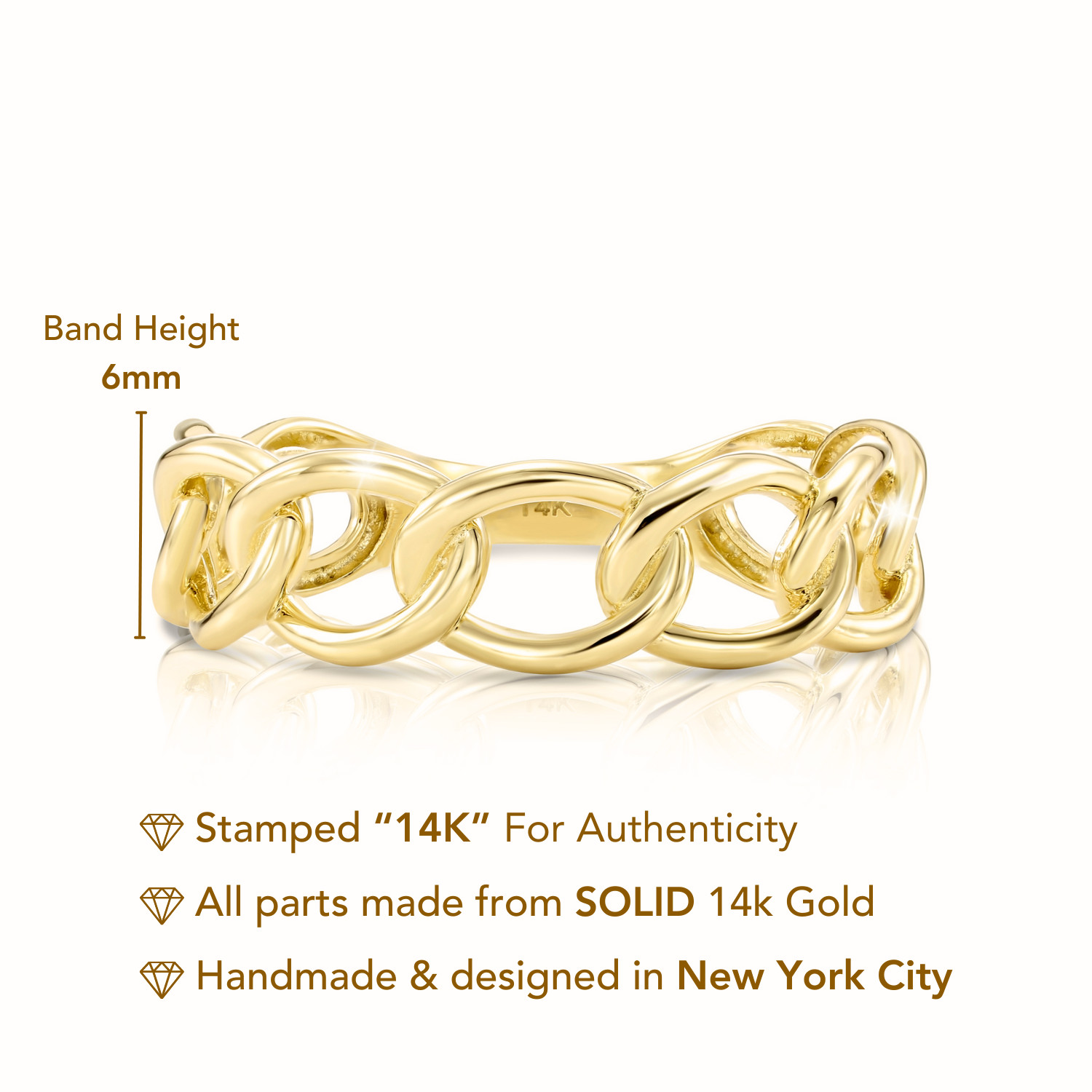 14K Real Solid Yellow Gold Dainty Cuban Chain Link Minimalist Braided Band Ring
