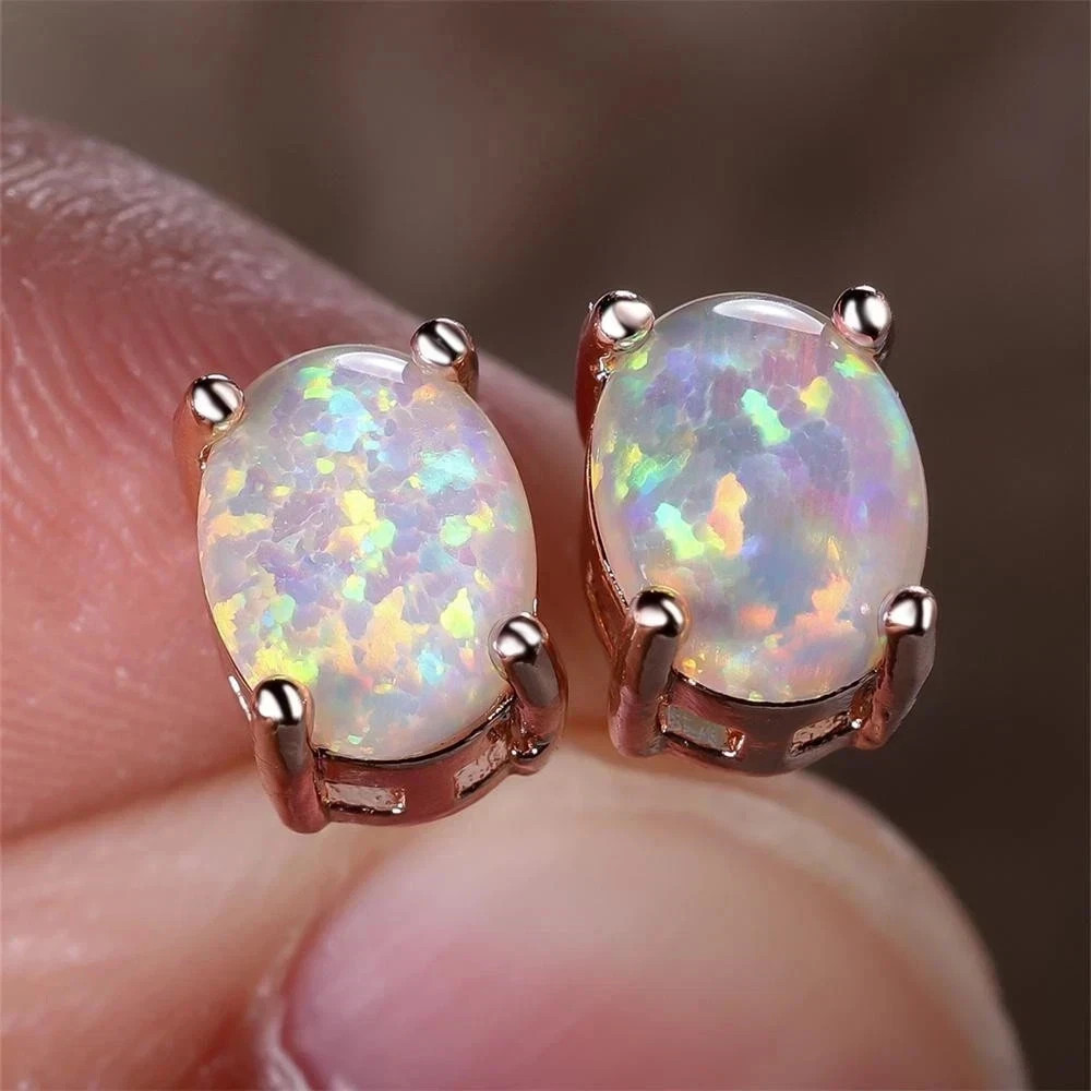 Green Blue White Opal Small Oval Stone Stud Earrings For Women Vintage Rose Gold