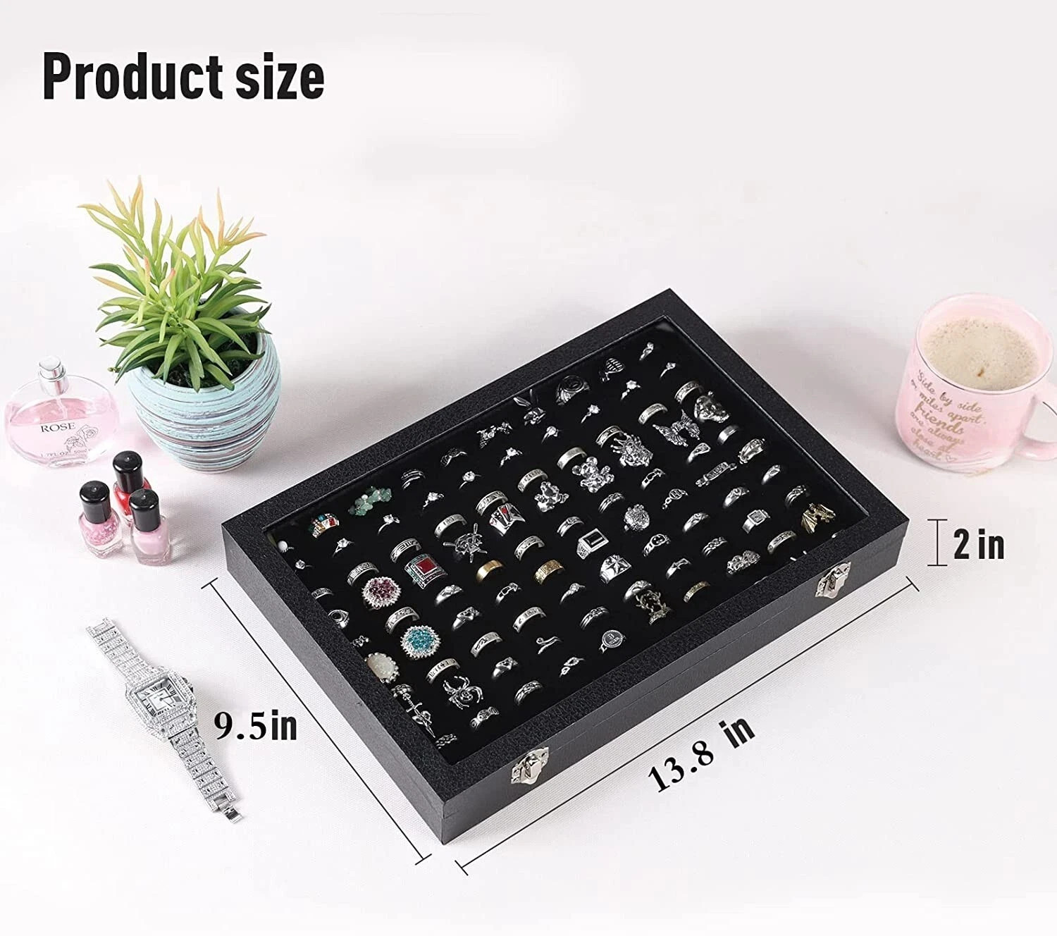 Black 100 Slots Ring Organizer Box,Ring Display Case Storage Box with Clear lid