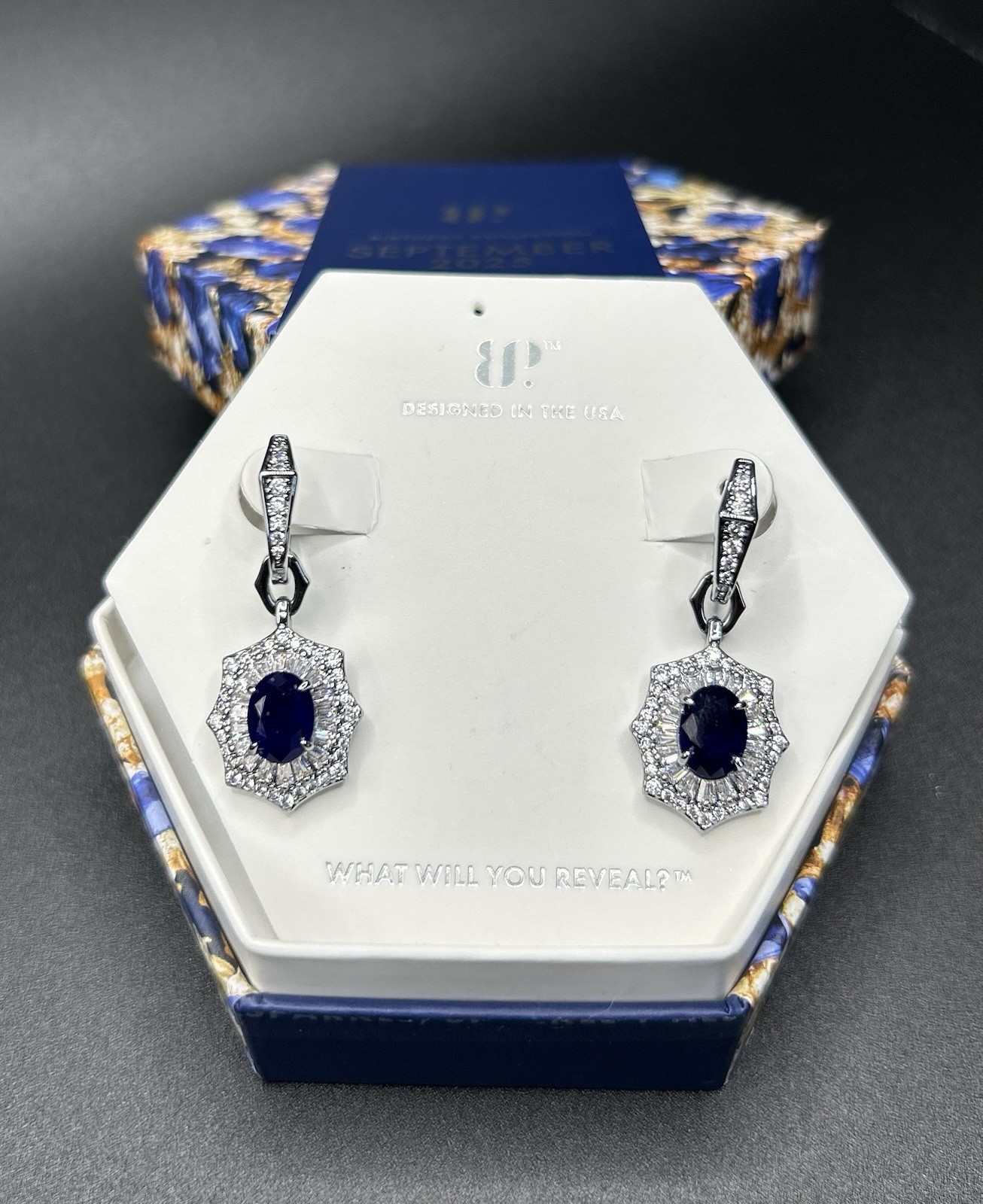 Bomb Party Earrings ER42534 ‘Velvet Promises’ September LC Sapphire on Hematite