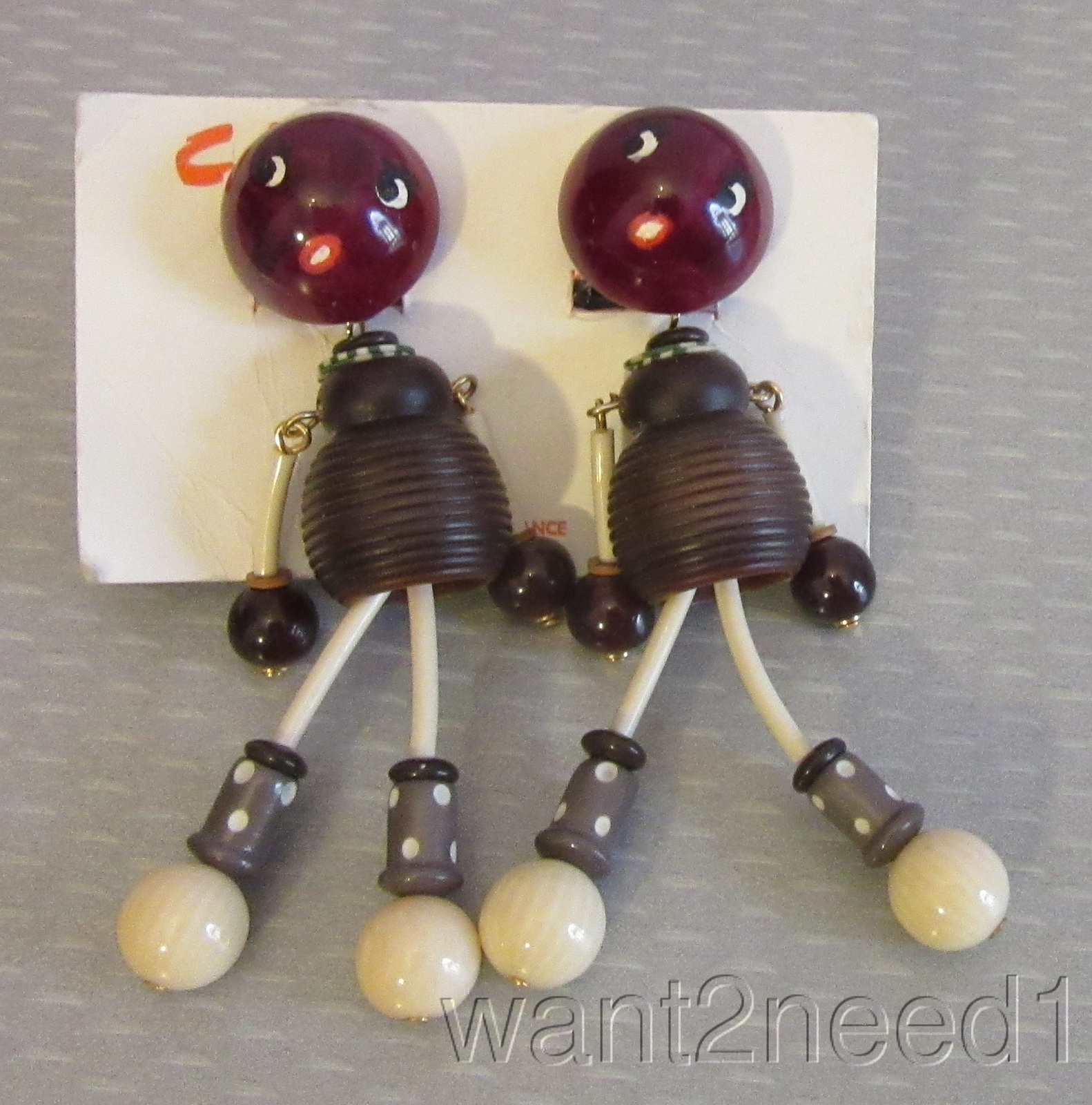 vintage French Celluloid Plastic Beaded Brown Girl Dangly Clip Paris Earrings 3″