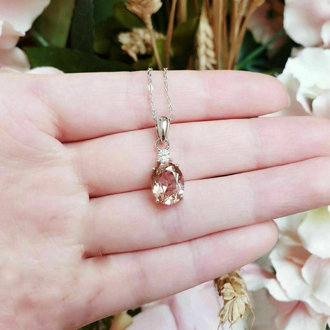 2Ct Oval Cut Morganite Solitaire Womens Pendant 14K White Gold Finish Free Chain