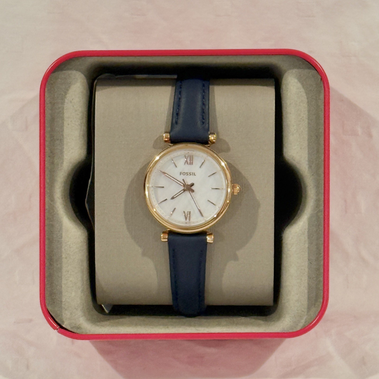 Fossil Carlie Mini ES4502 Women’s Watch Rose Gold Navy Leather Open Box