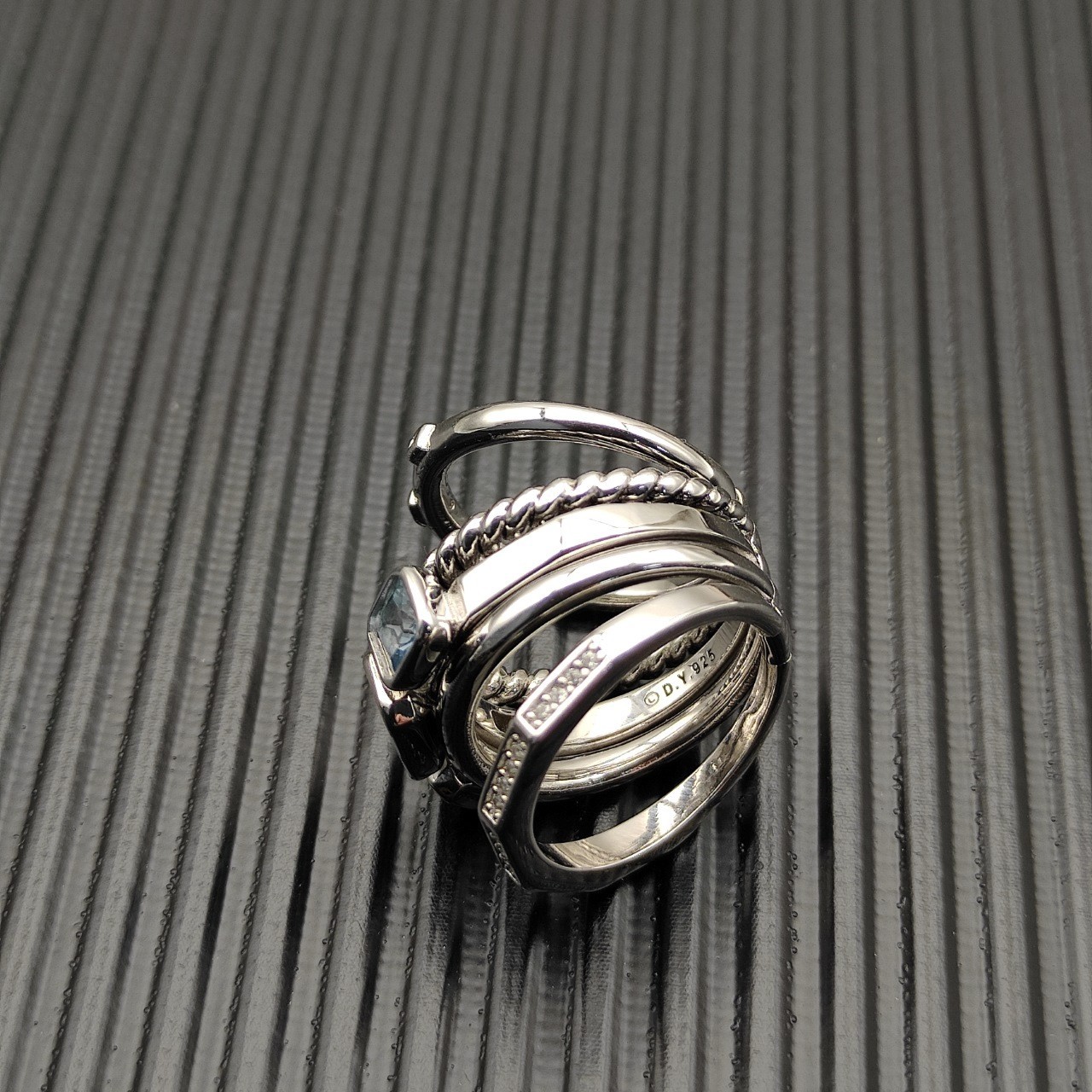 David Yurman 925 Silver Blue Topaz Diamond Multi Band Wrap Stack Ring sz 9