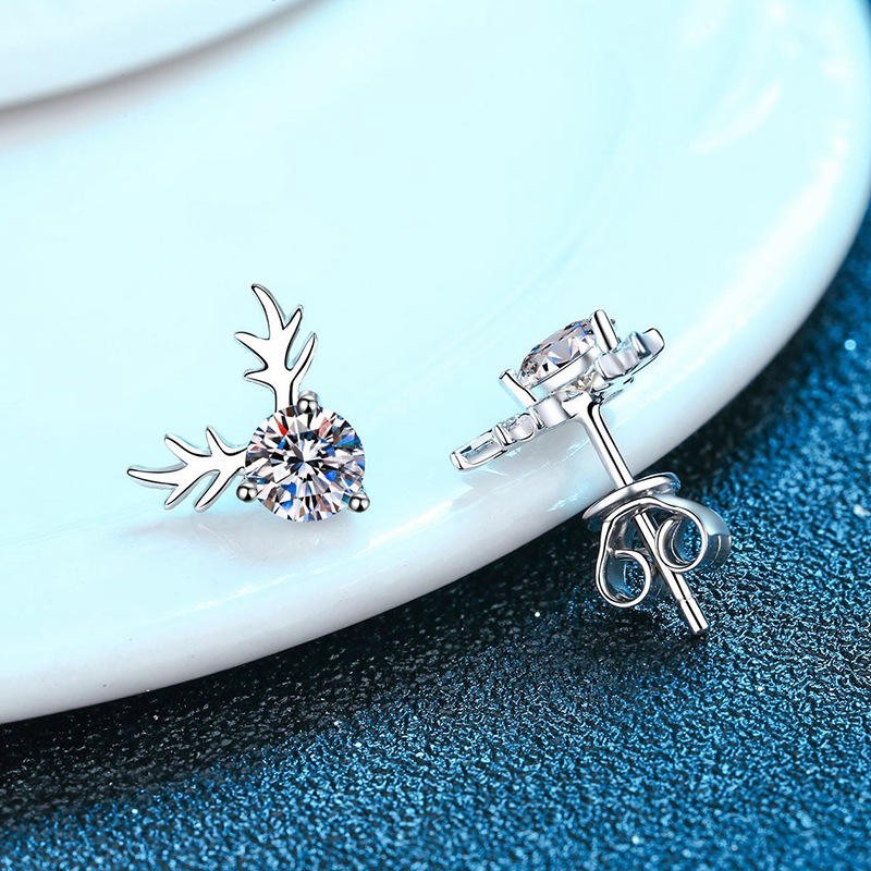 925 Sterling Silver Reindeer Stud Earrings Moissanite Deer Christmas Gift Women