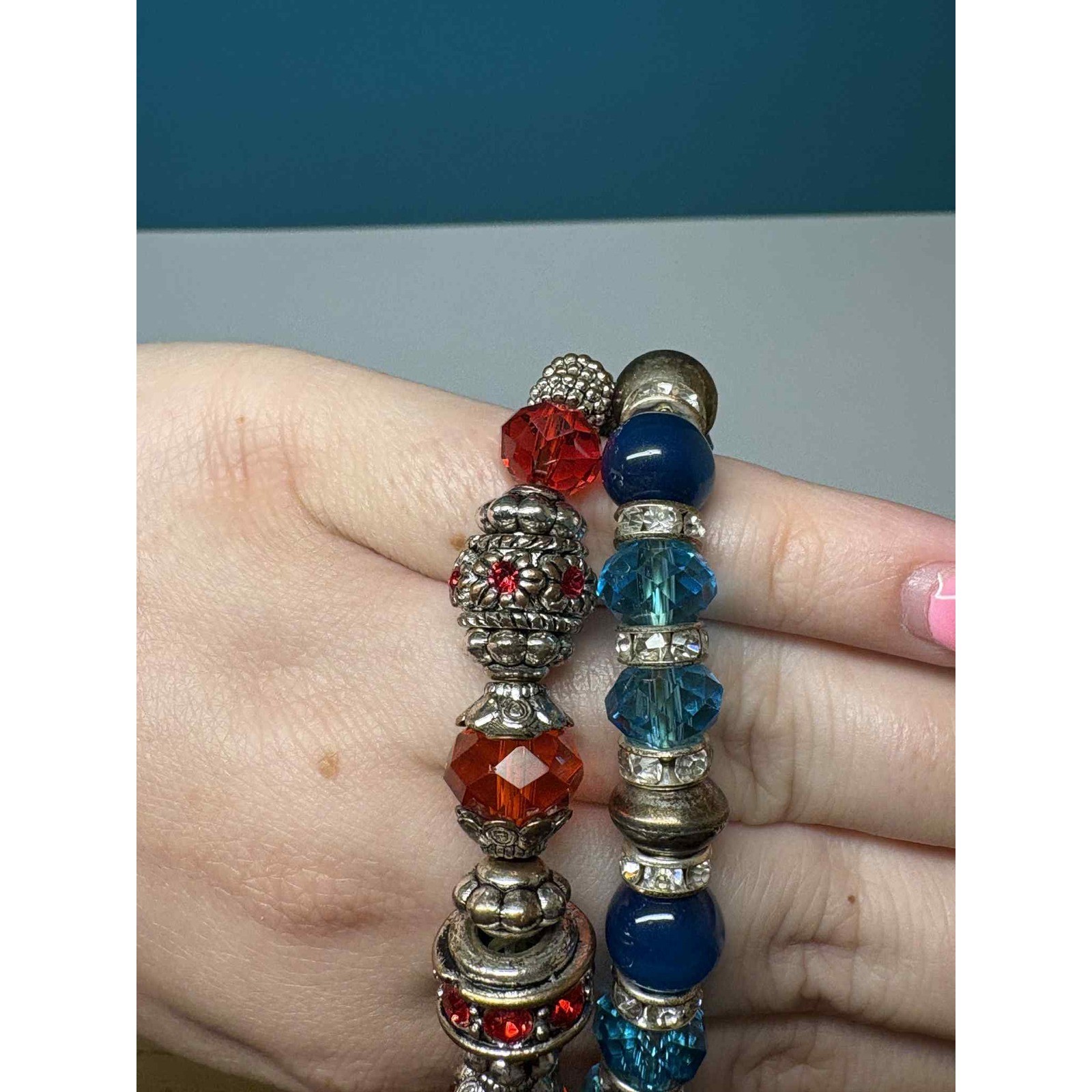 Blue and Red Beaded Stretch Bracelets with Rhinestone Accents Silver Tone Lot