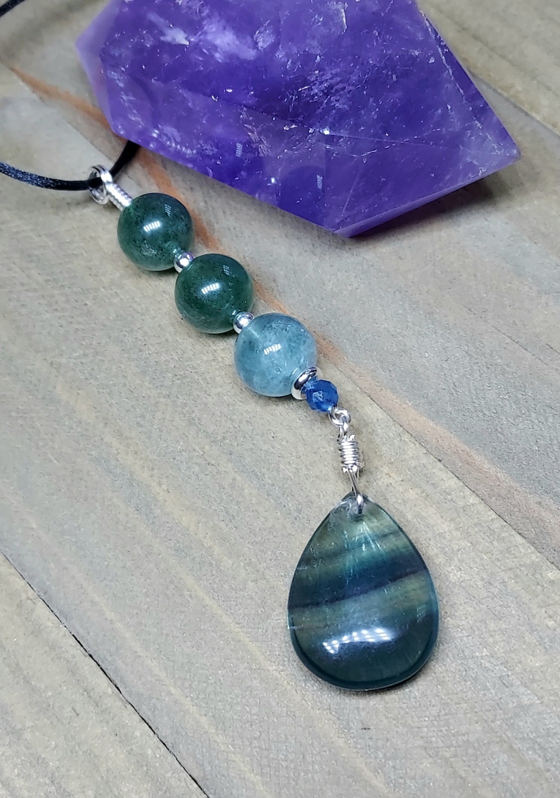 Blue Fluorite Pendant With Green Strawberry Quartz, Colorful Artisan Crafted