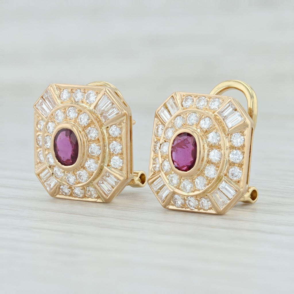 2.30ctw Ruby Diamond Halo Earrings 18k Yellow Gold Pierced Omega Backs