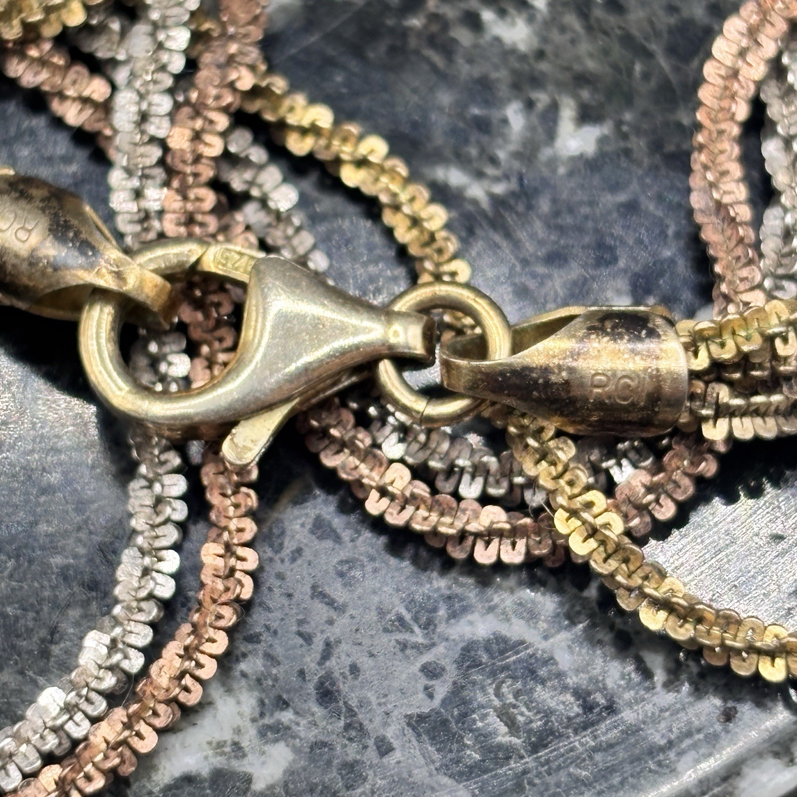 Tricolor Italy Necklace 18” 3 Strands Gold 10k Rose Gold Plate, Silver Mark RCI