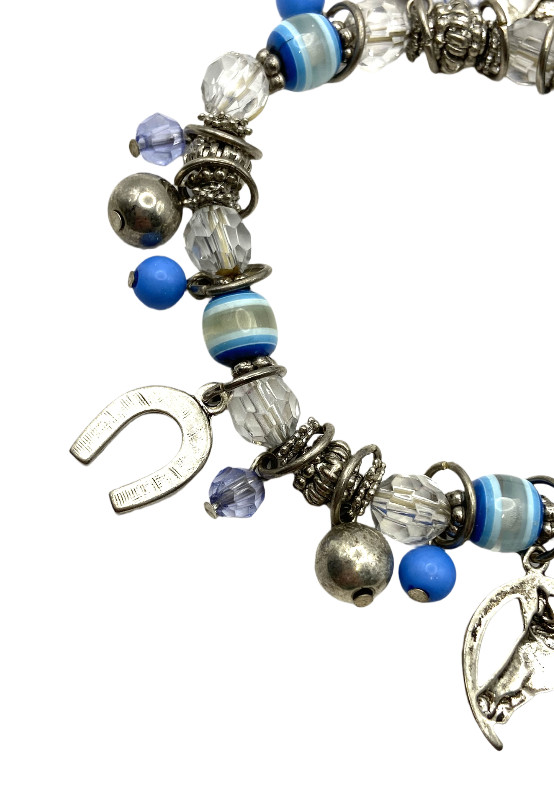 Blue-Clear Beaded Stretch Horse Horseshoe Charm Bracelet Silver Tone Equestrian