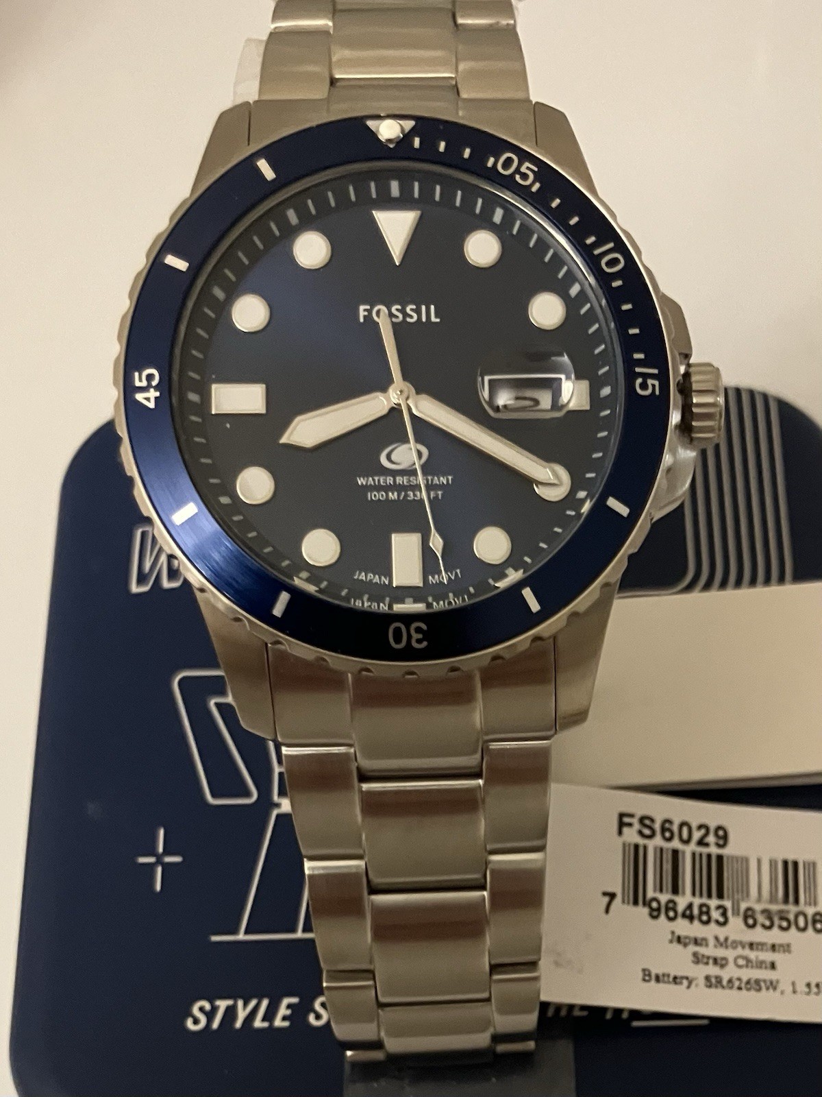Fossil Blue Dive, Silver Stainless Steel Quartz Watch, Miyota 2115 Date, NIB
