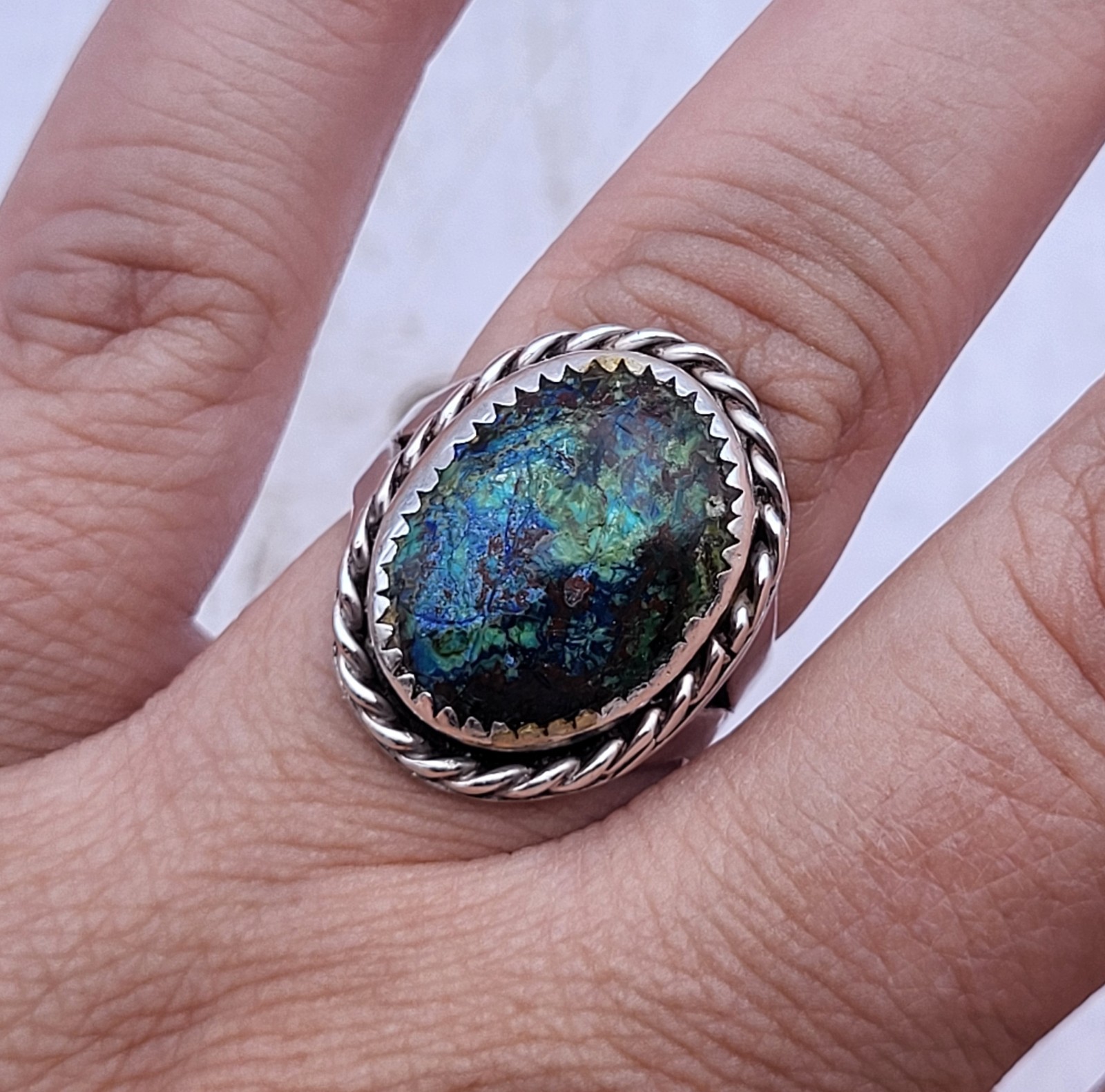 Beautiful Solid 925 Sterling Silver Oval Azurite Malachite Ring