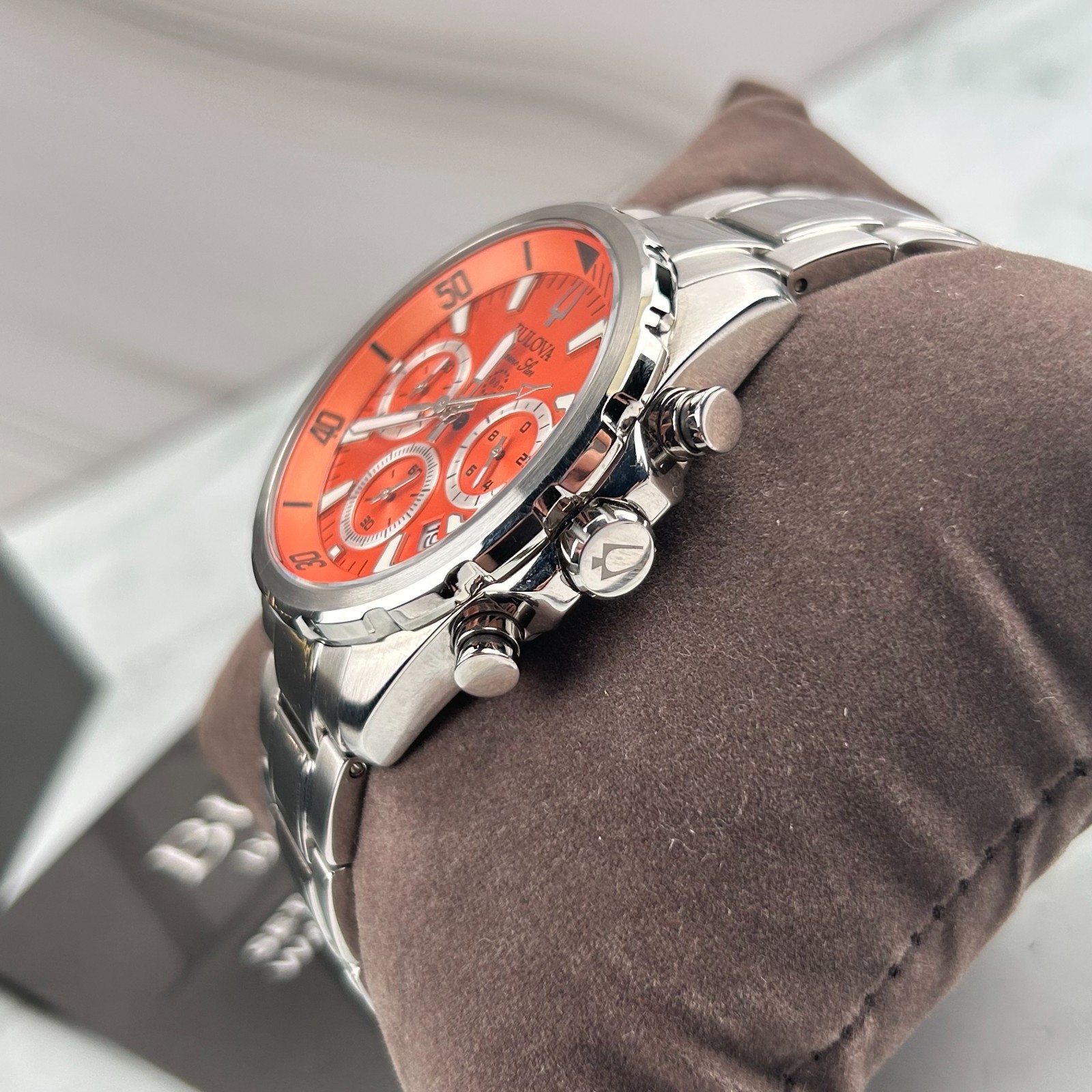 Bulova Classic Marine Star 96B395 Orange Dial Chronograph Men’s Quartz Watch New