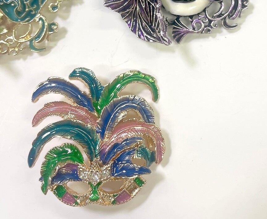 3 Festive Mardi Gras Mask Brooches Enamel in Multicolor Purple & Feathered