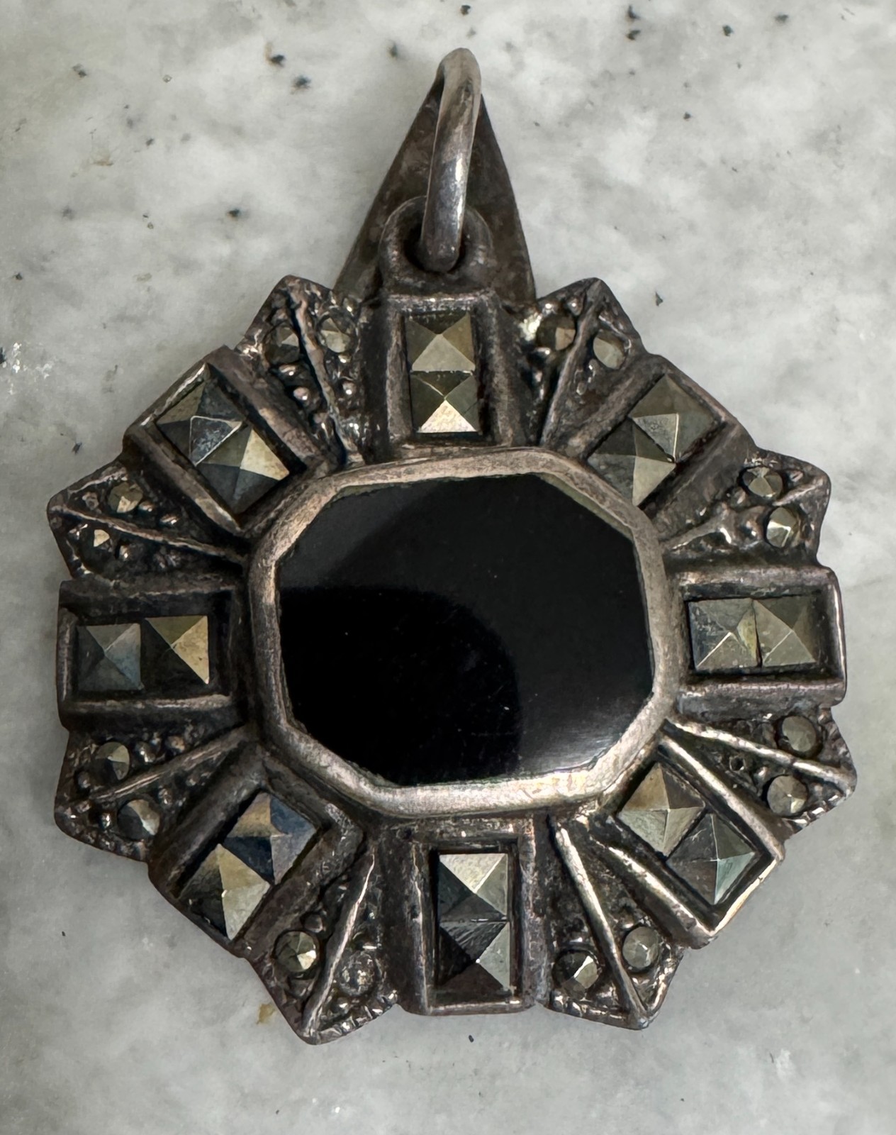 Vintage octagon-shaped pendant black onyx & marcasite stones sterling silver