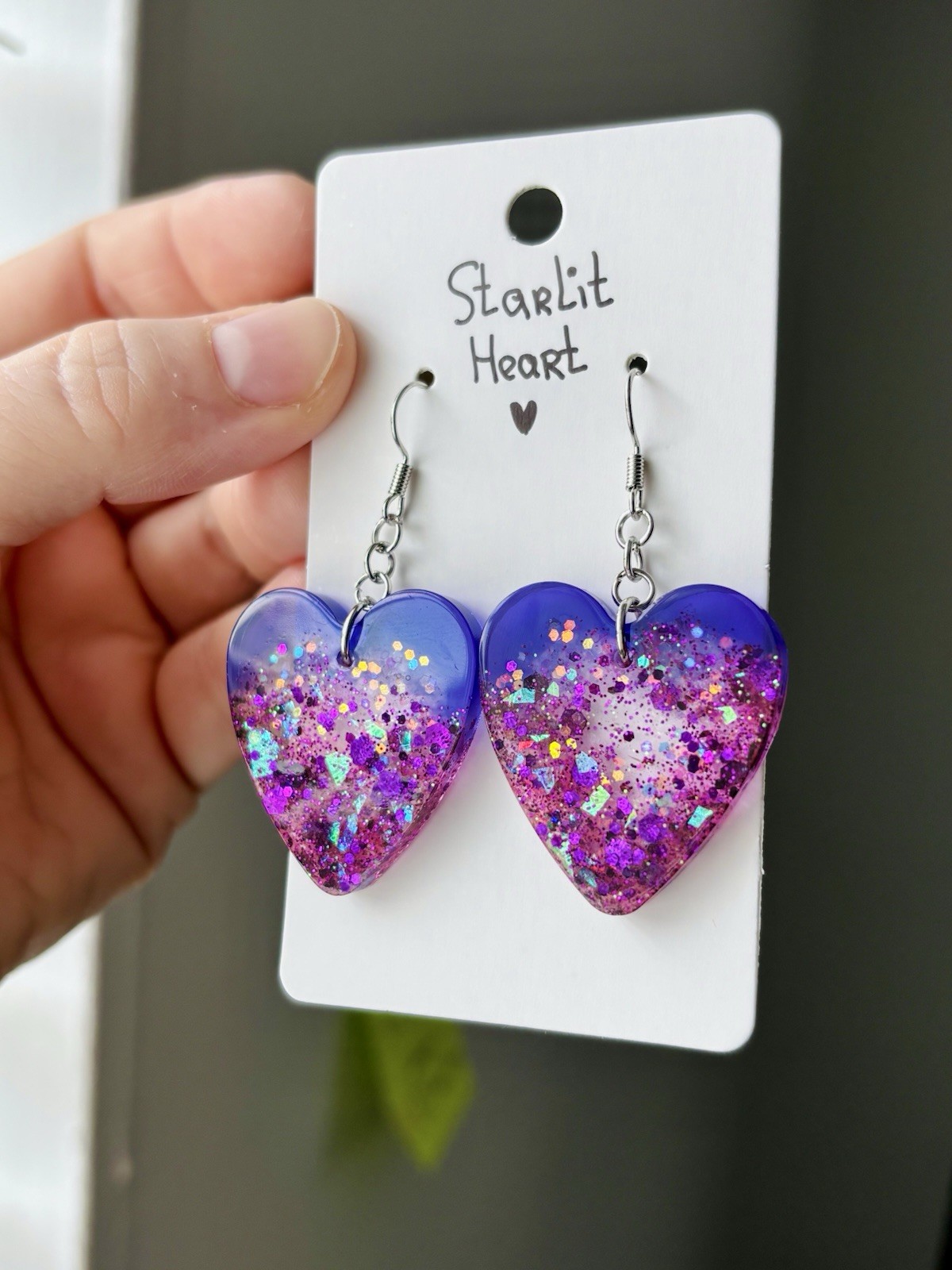Starlit Heart Resin Heart Earrings Handmade Purple Pink Glitter Galaxy