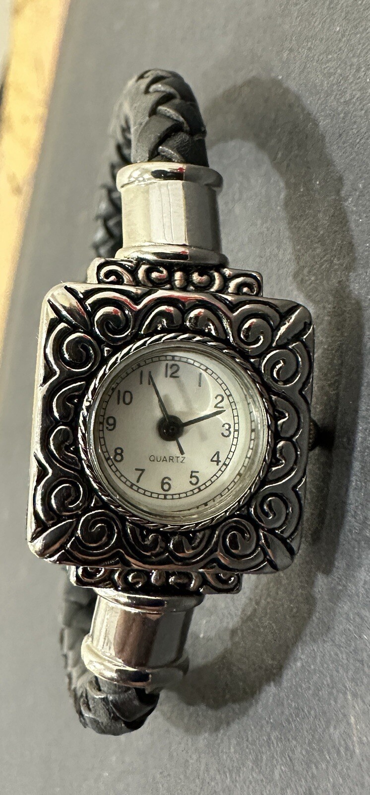 Accutime Watch Vintage-Style Women’s Watch Silver Tone Braided Black Leather