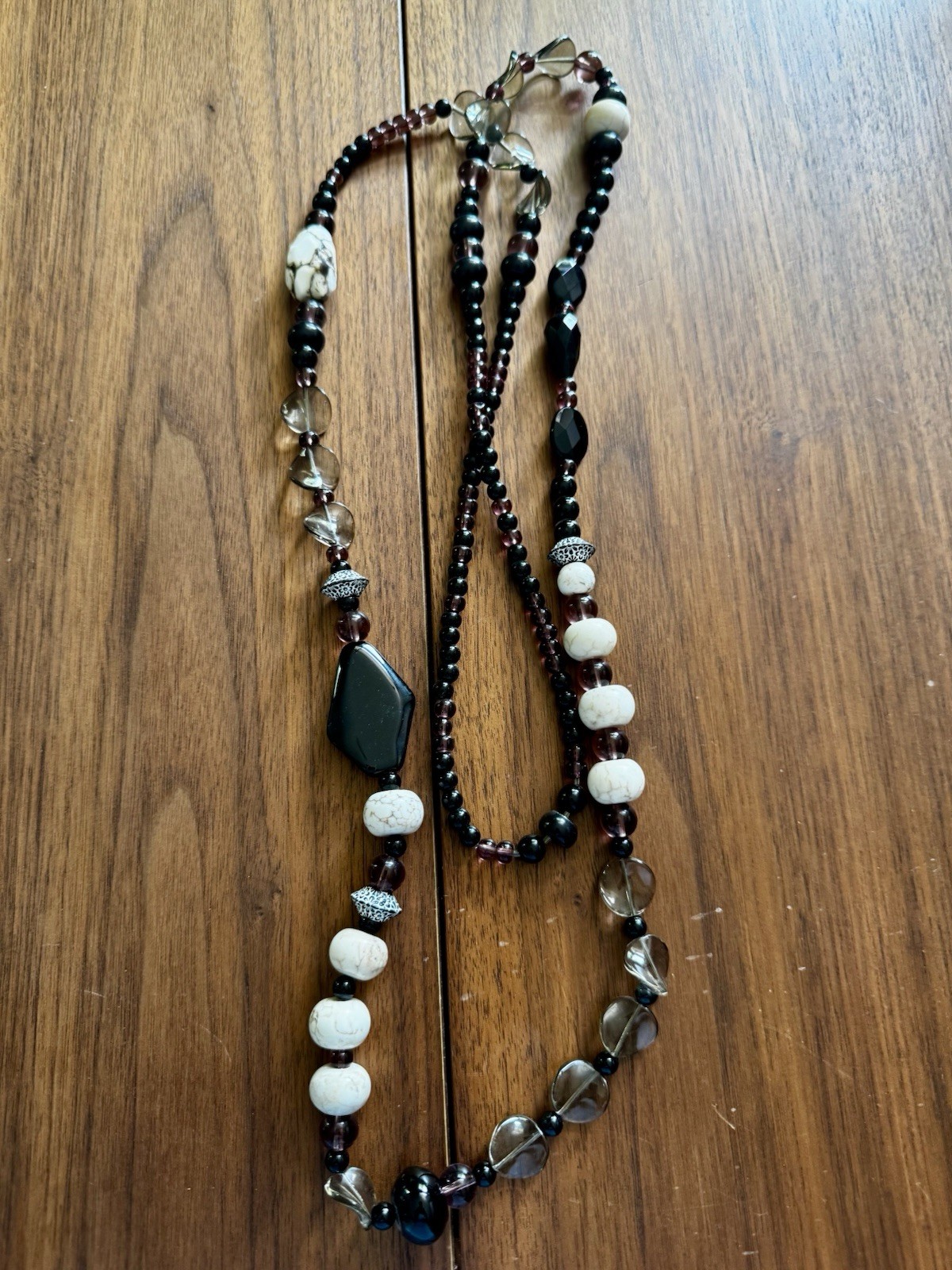 Beautiful Beaded Glass Necklace, Black White Purple Gray, Asymmetrical Charm